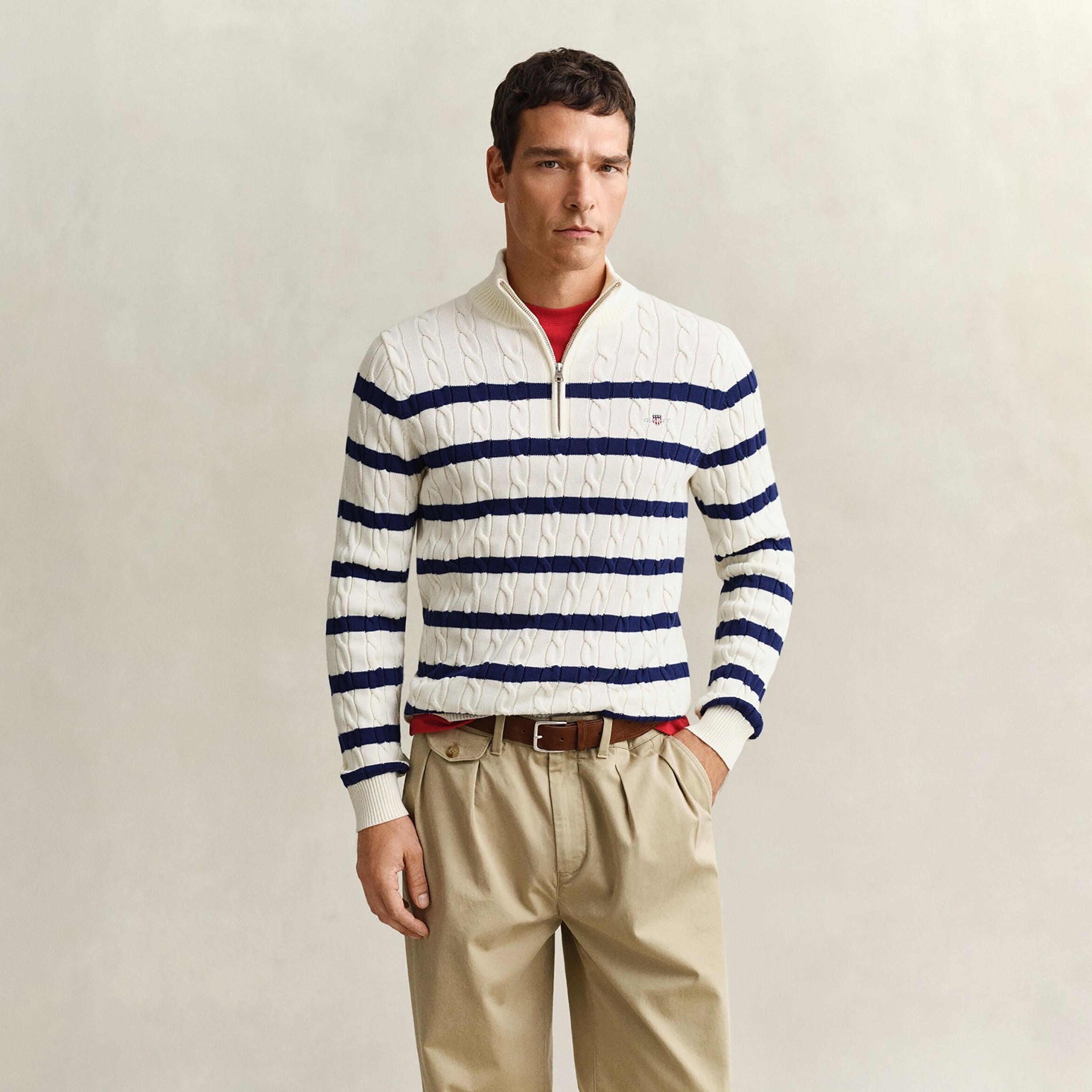 Gant Striped Cable Knit High Neck Long Sleeves Half Zip Men's Sweater-men-clothing-sweatersandpullovers-image-1