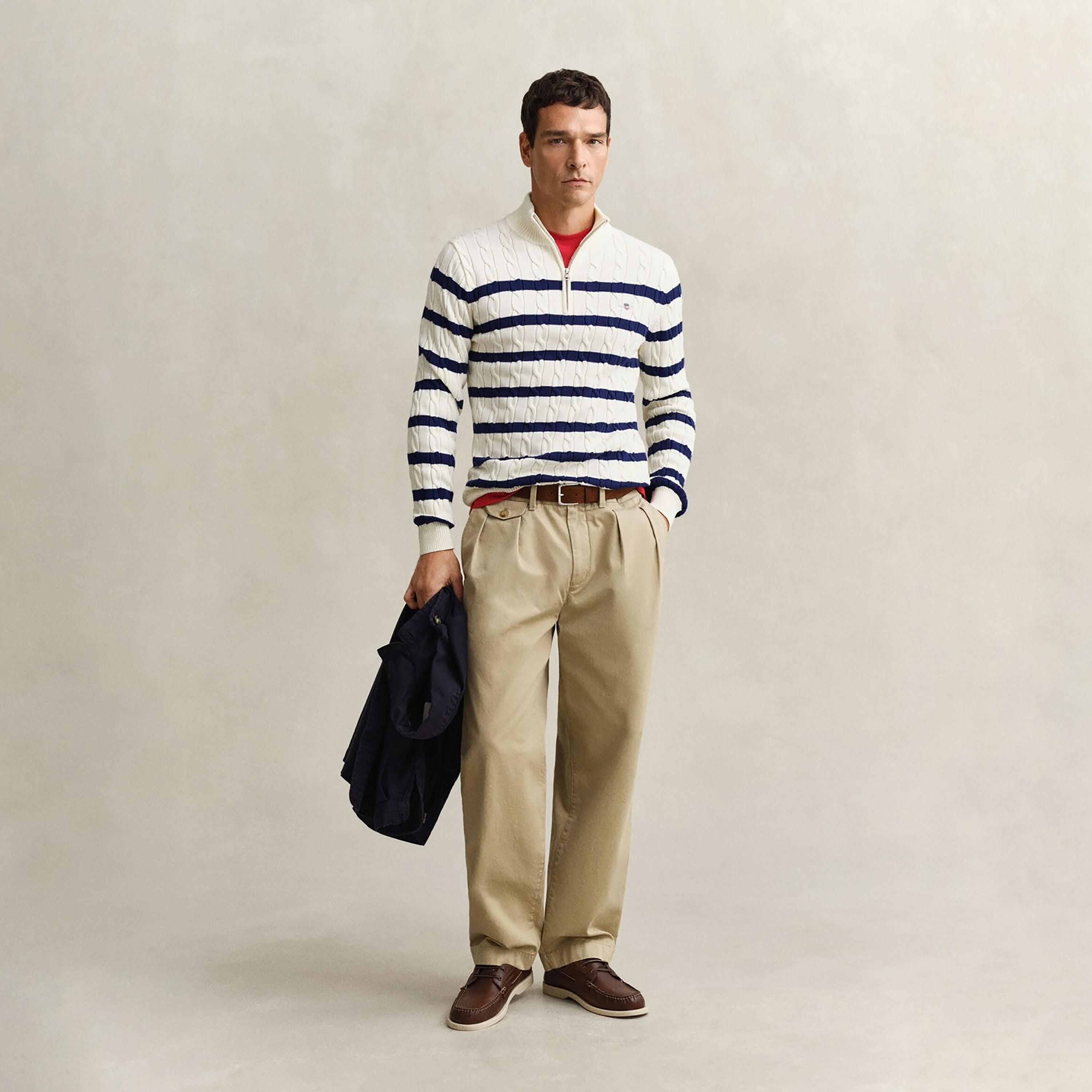 Gant Striped Cable Knit High Neck Long Sleeves Half Zip Men's Sweater-men-clothing-sweatersandpullovers-image-2