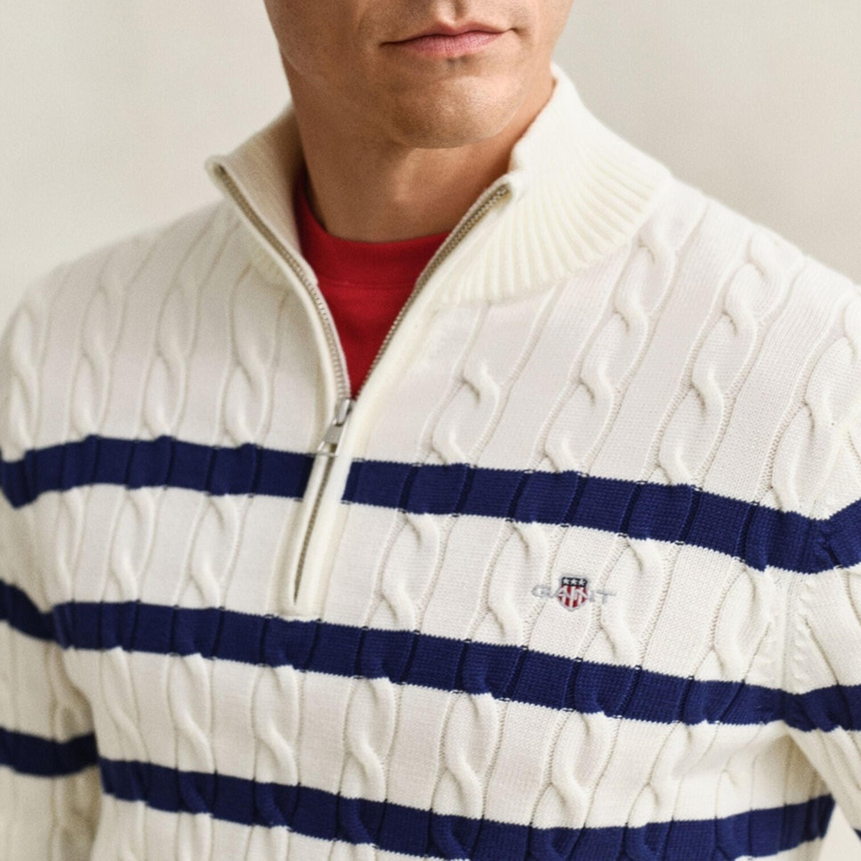 Gant Striped Cable Knit High Neck Long Sleeves Half Zip Men's Sweater-men-clothing-sweatersandpullovers-image-3