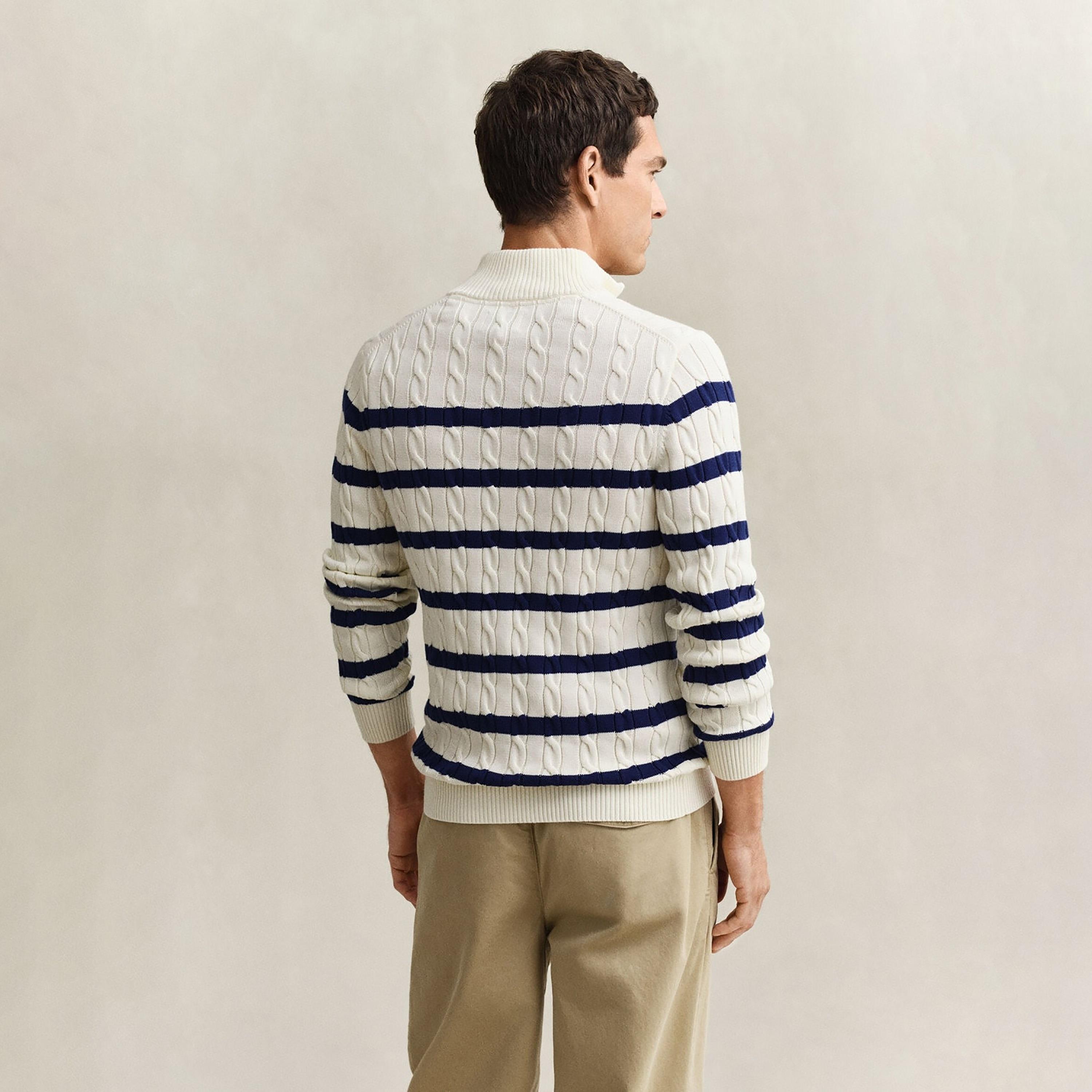 Gant Striped Cable Knit High Neck Long Sleeves Half Zip Men's Sweater-men-clothing-sweatersandpullovers-image-4