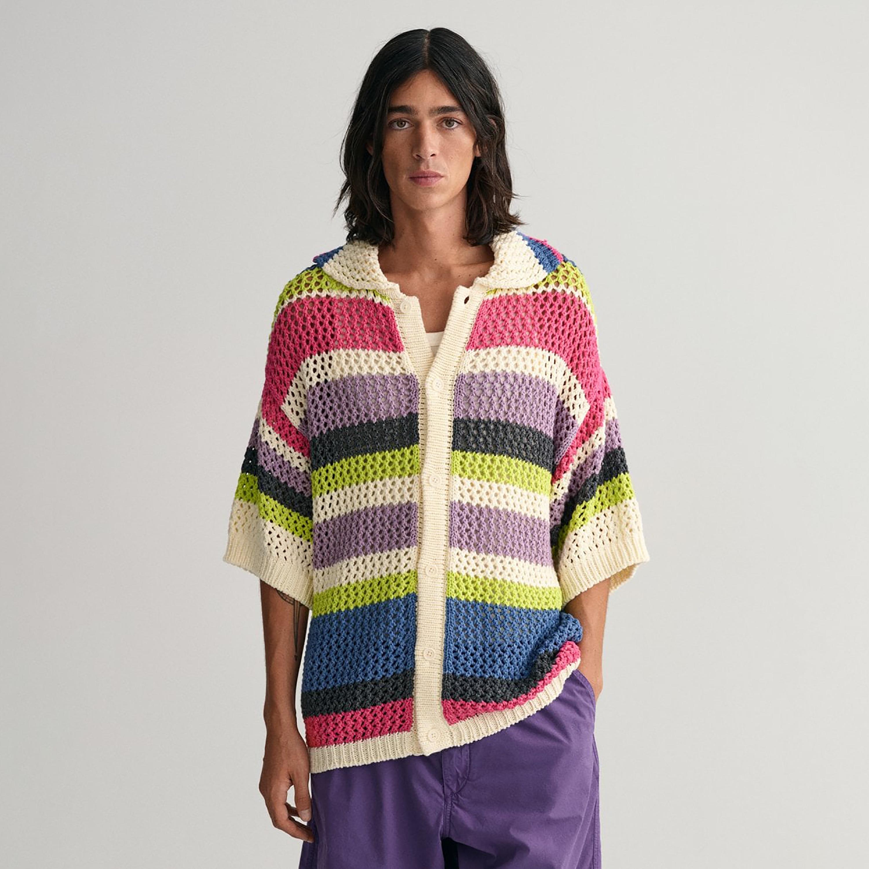 Gant Knitted Striped Collared Three-Quarter Sleeves Sweater-men-clothing-sweatersandpullovers-image-1