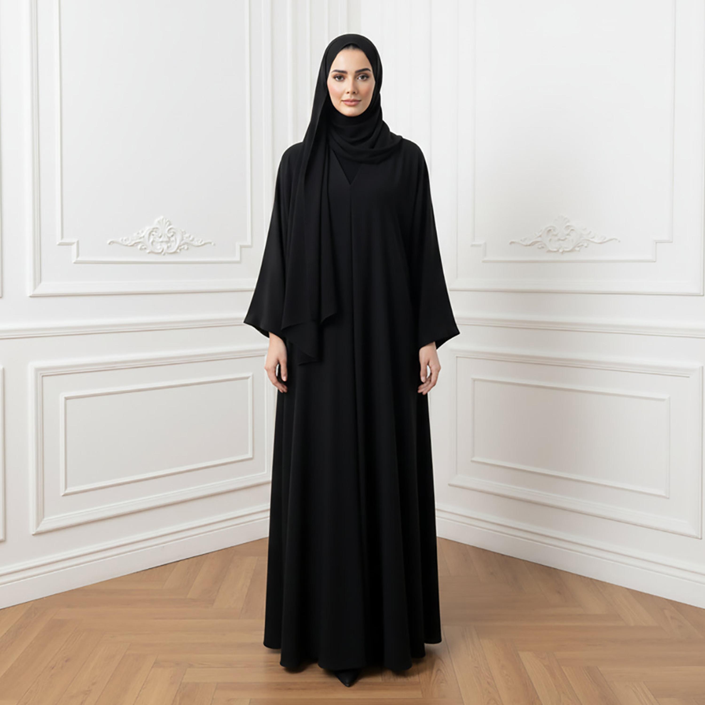 Nukhbaa Black Wide Sleeves Nida Women's Abaya with Hijab-women-arabicclothing-abayas-image-1