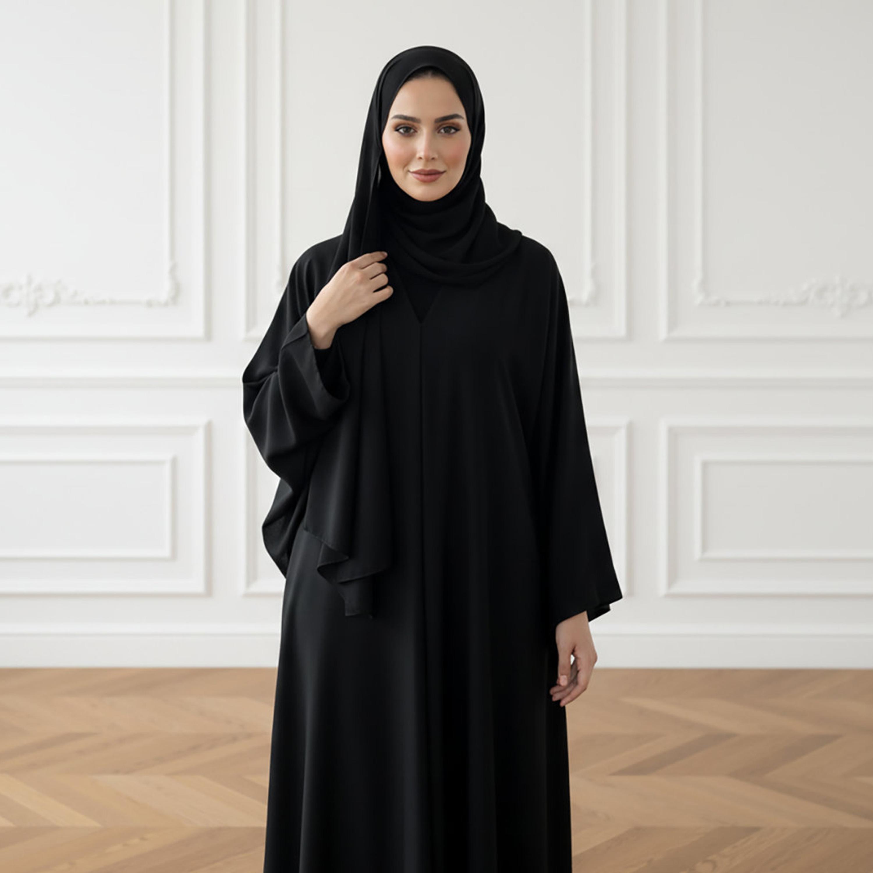 Nukhbaa Black Wide Sleeves Nida Women's Abaya with Hijab-women-arabicclothing-abayas-image-2