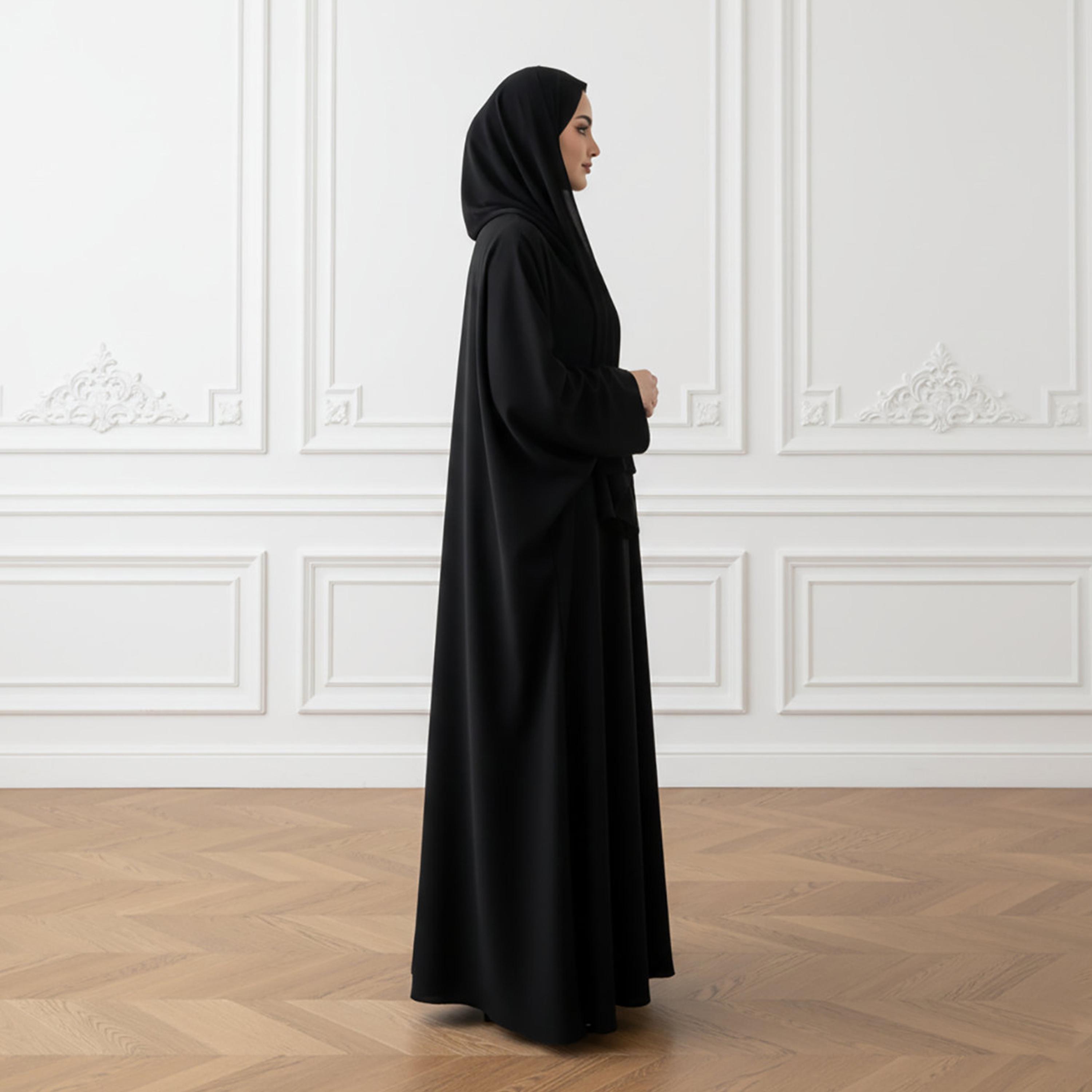 Nukhbaa Black Wide Sleeves Nida Women's Abaya with Hijab-women-arabicclothing-abayas-image-3