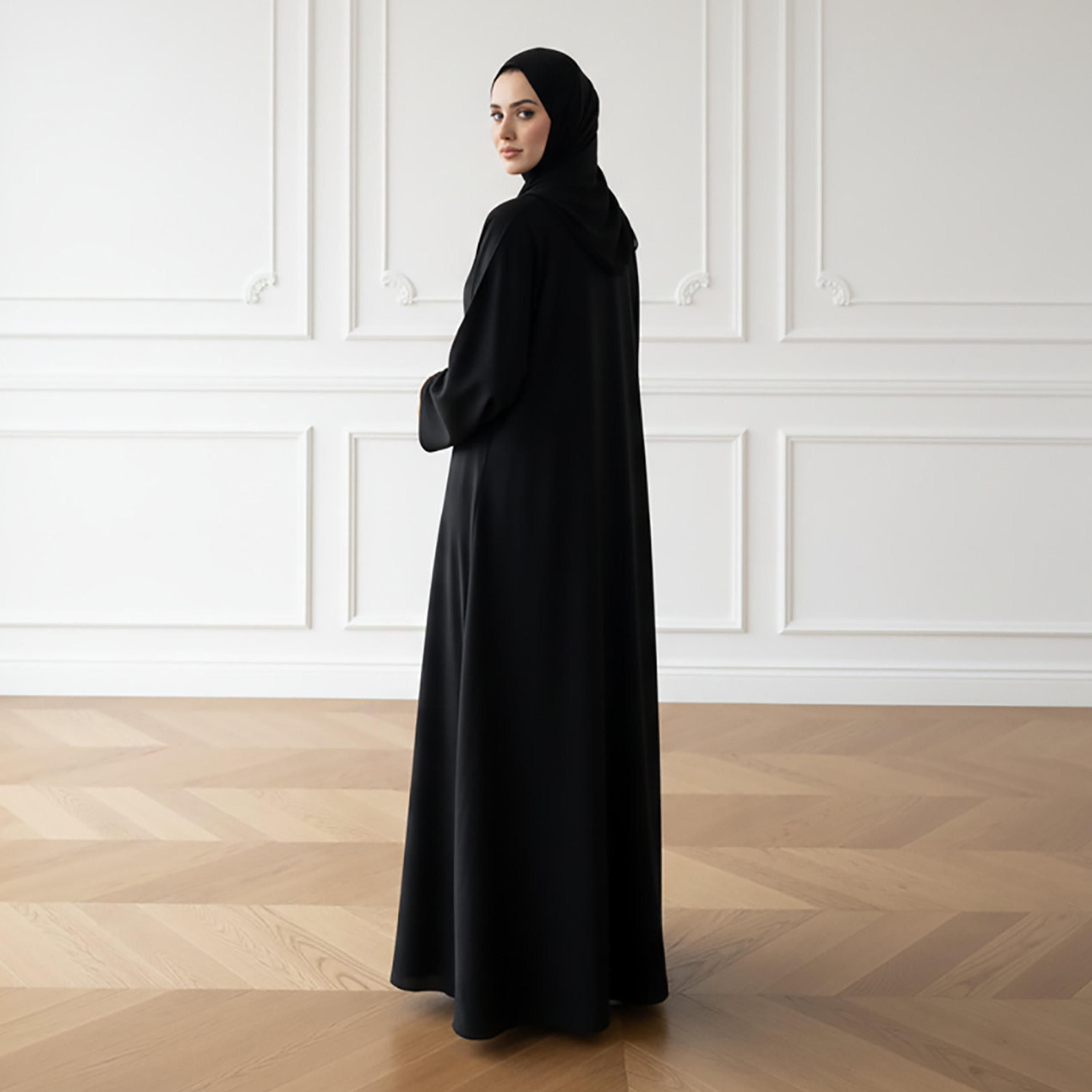 Nukhbaa Black Wide Sleeves Nida Women's Abaya with Hijab-women-arabicclothing-abayas-image-4