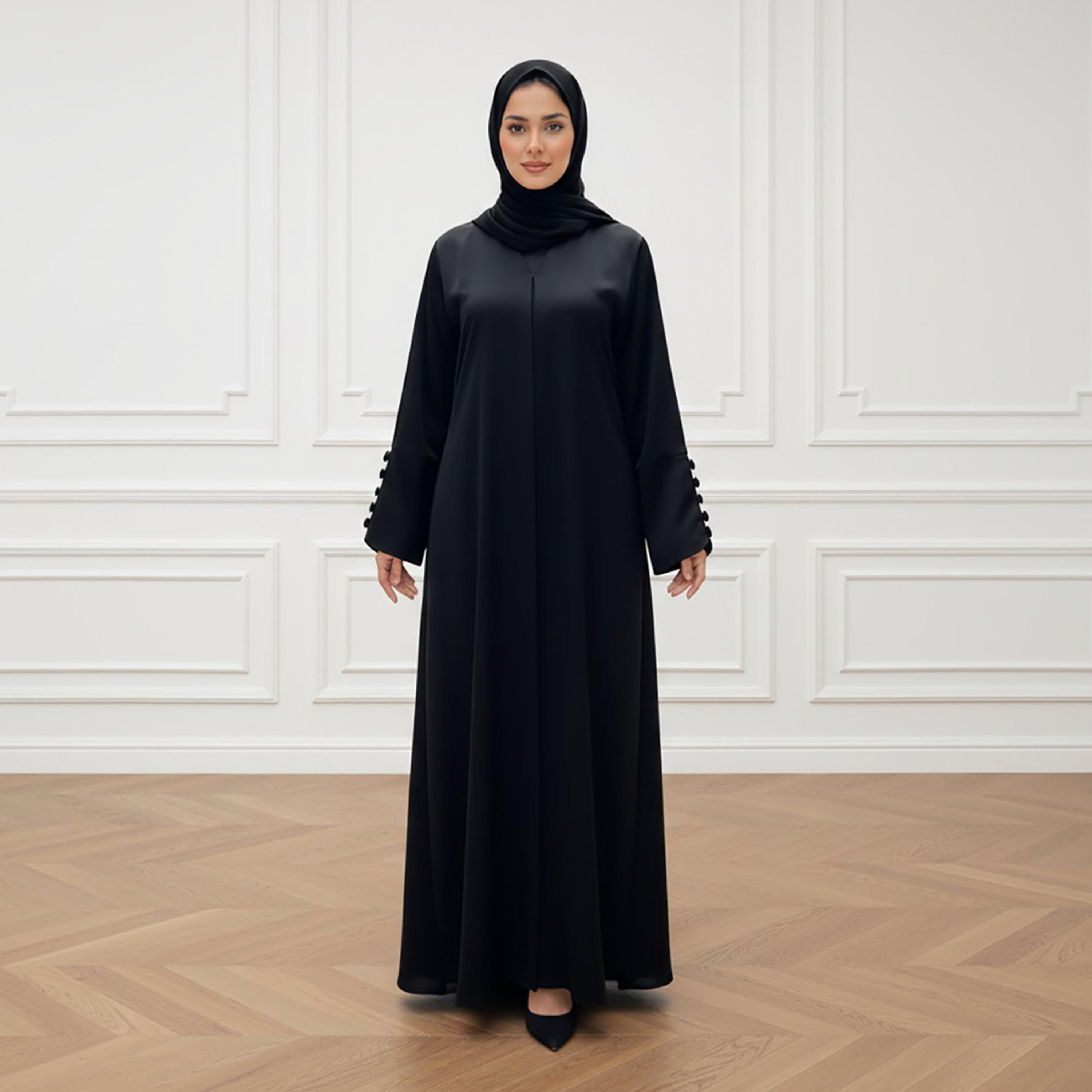Nukhbaa Black Buttoned Sleeves Nida Women's Abaya with Hijab-women-arabicclothing-abayas-image-1