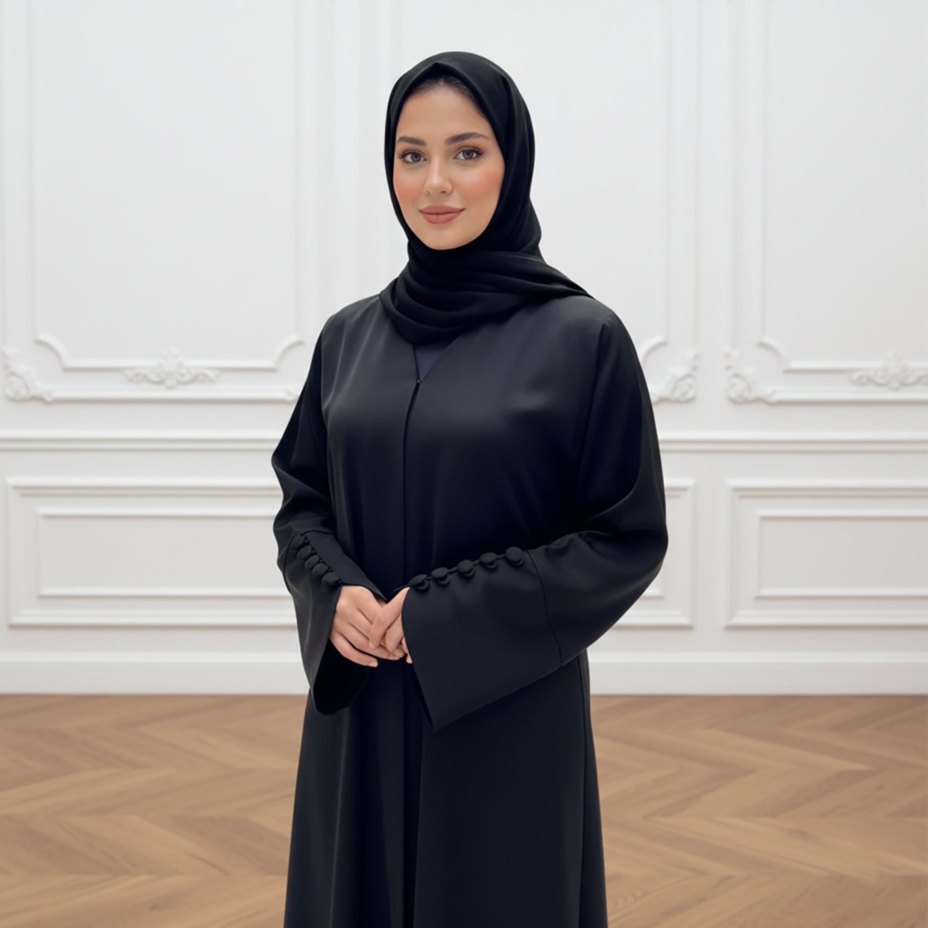 Nukhbaa Black Buttoned Sleeves Nida Women's Abaya with Hijab-women-arabicclothing-abayas-image-2