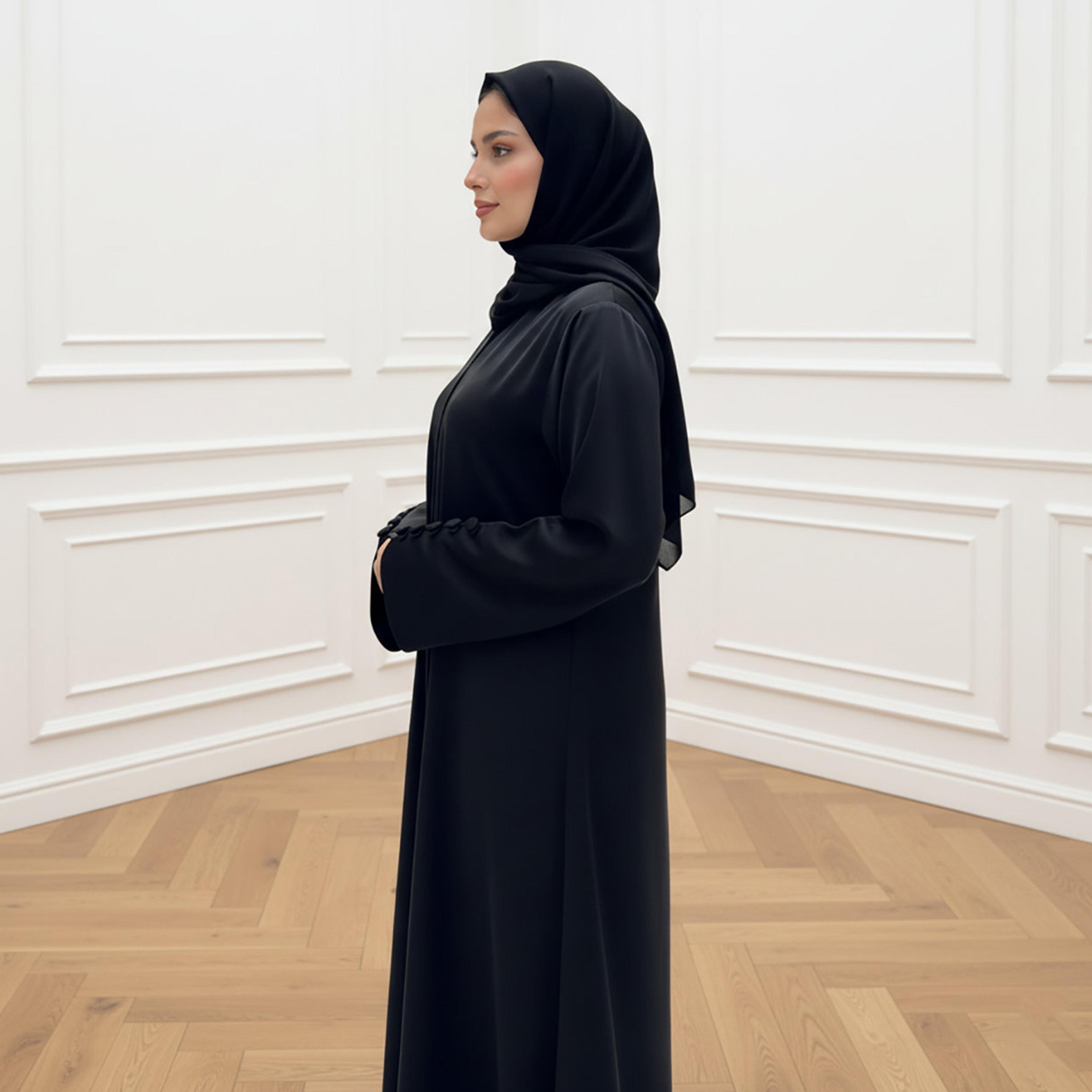 Nukhbaa Black Buttoned Sleeves Nida Women's Abaya with Hijab-women-arabicclothing-abayas-image-3