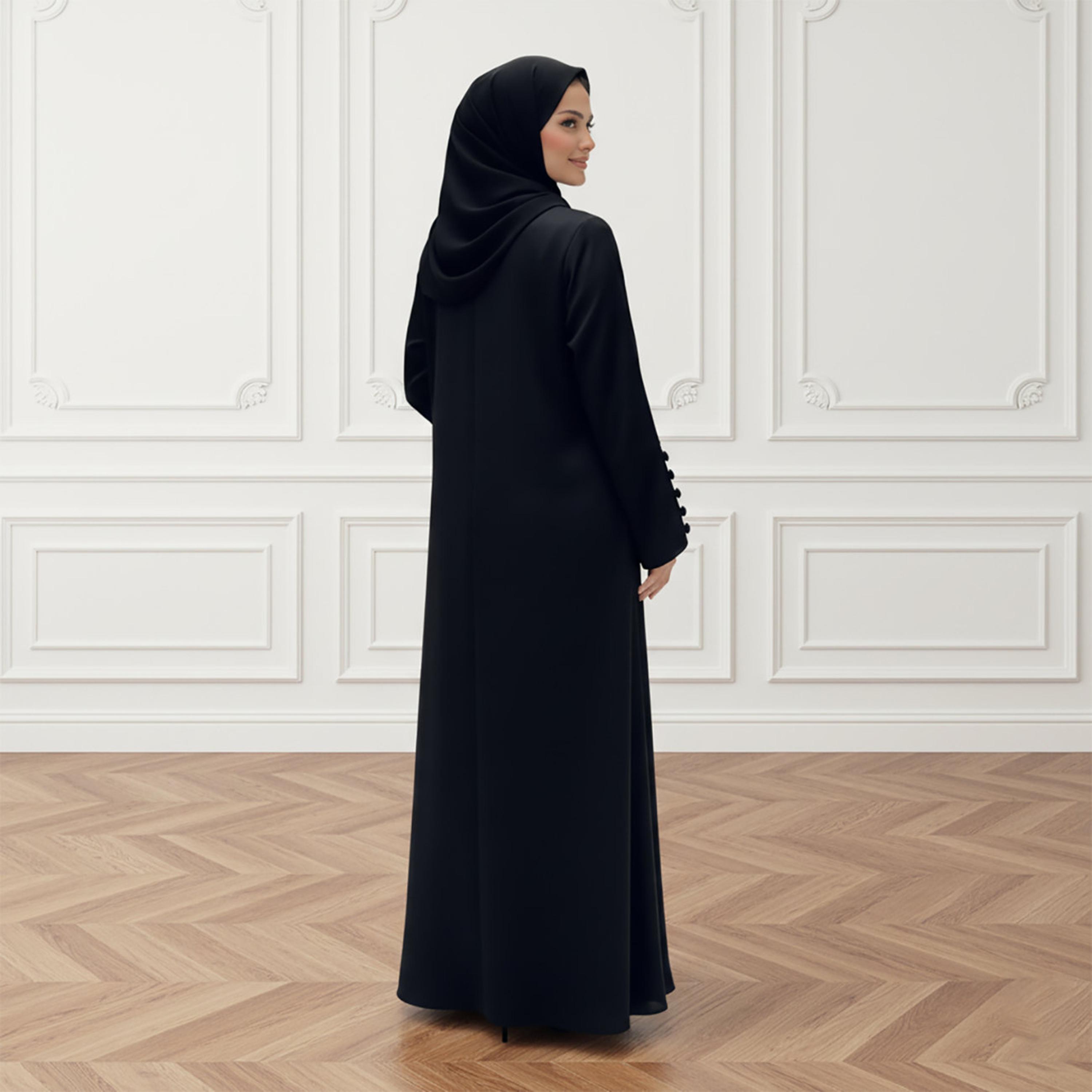 Nukhbaa Black Buttoned Sleeves Nida Women's Abaya with Hijab-women-arabicclothing-abayas-image-4