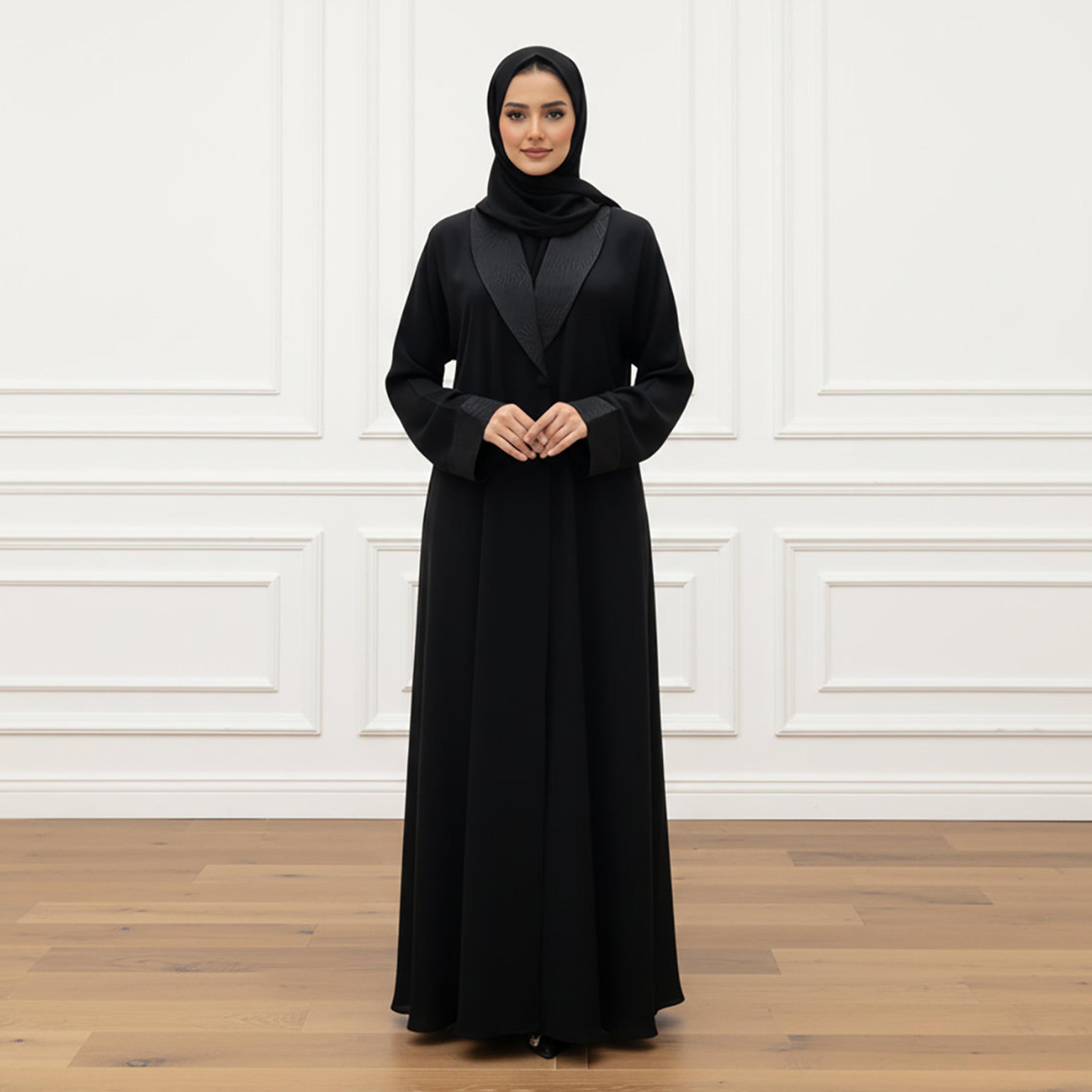 Nukhbaa Black Jacquard Detailed Lapel Collar Nida Women's Blazer Style Abaya with Hijab-women-arabicclothing-abayas-image-1