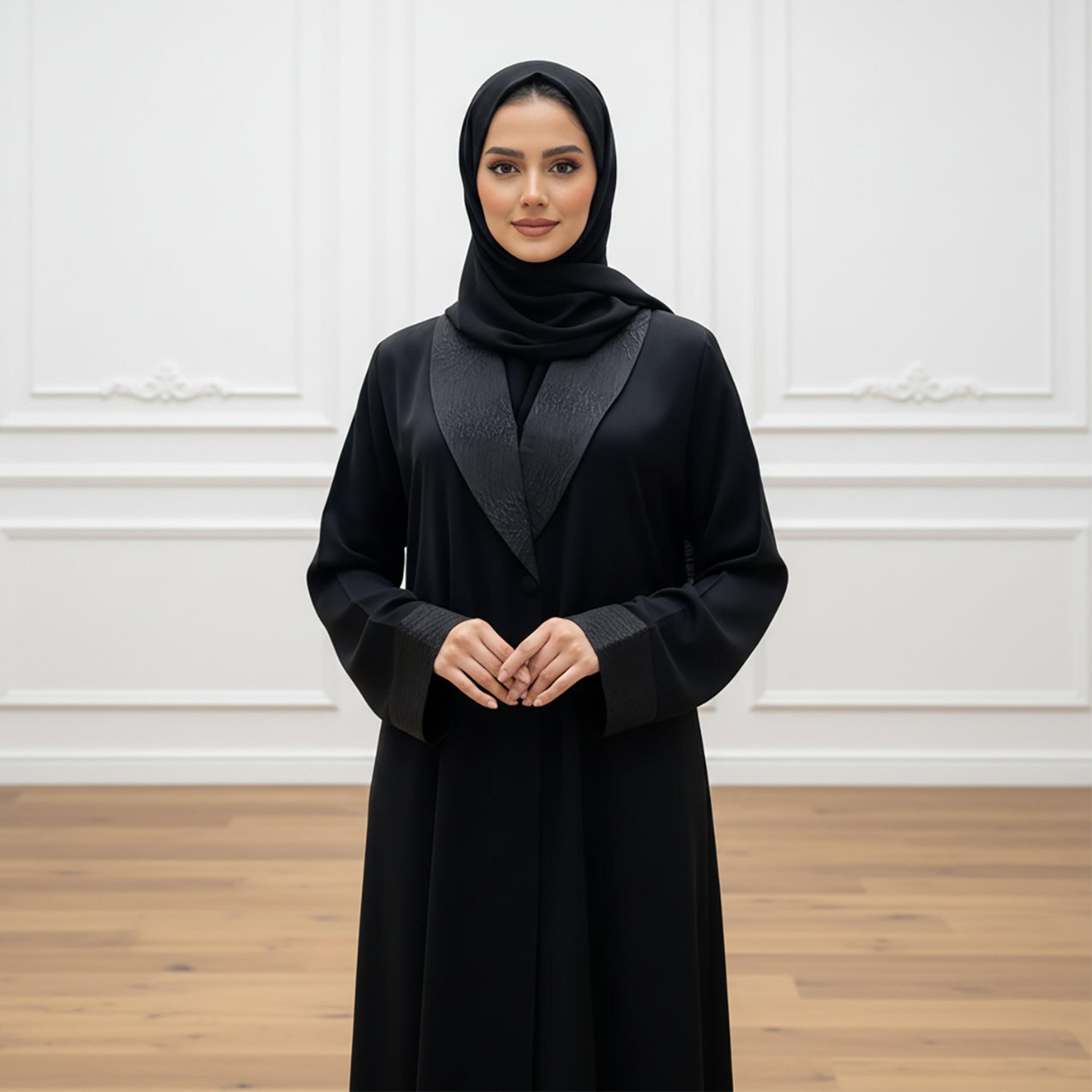 Nukhbaa Black Jacquard Detailed Lapel Collar Nida Women's Blazer Style Abaya with Hijab-women-arabicclothing-abayas-image-2