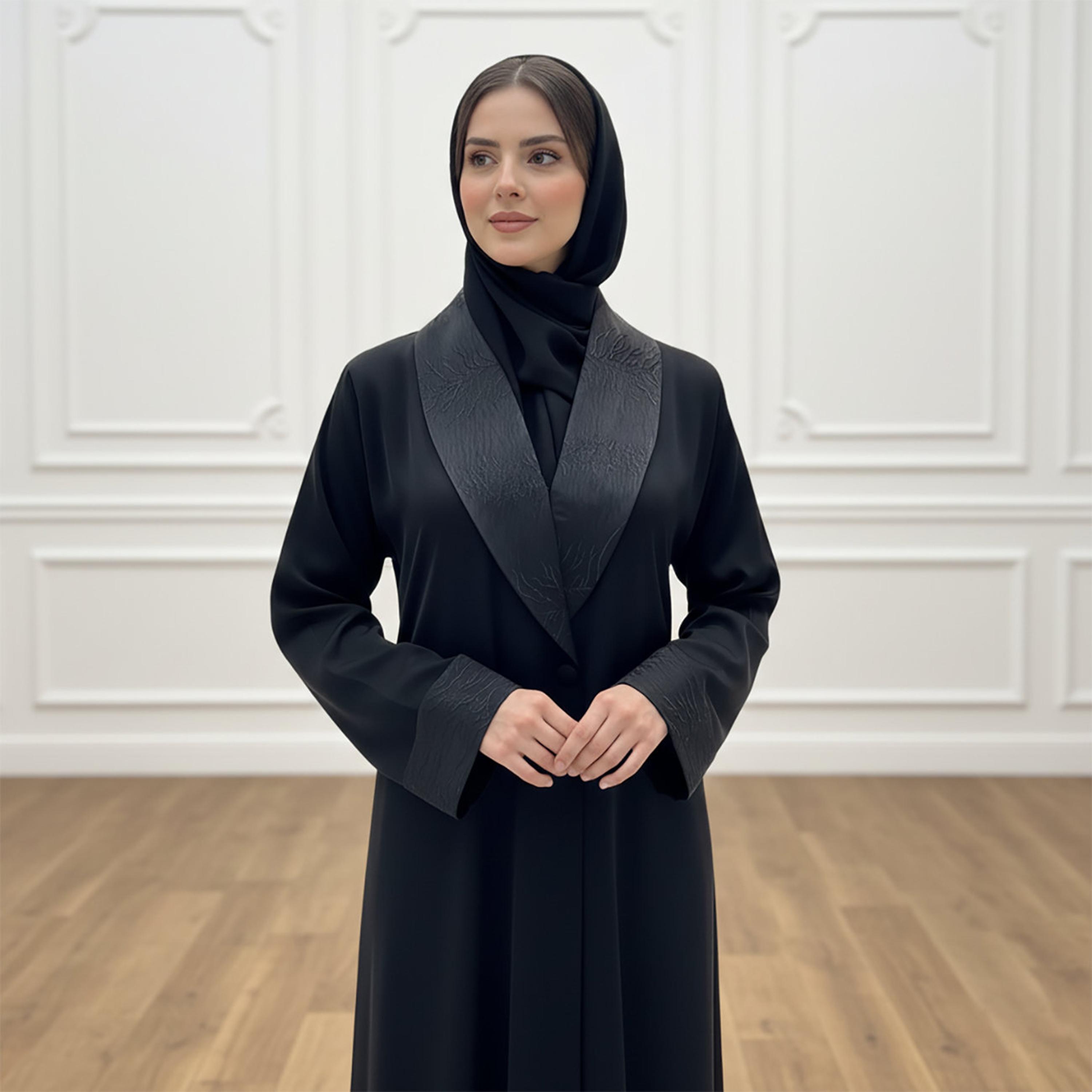 Nukhbaa Black Jacquard Detailed Lapel Collar Nida Women's Blazer Style Abaya with Hijab-women-arabicclothing-abayas-image-3