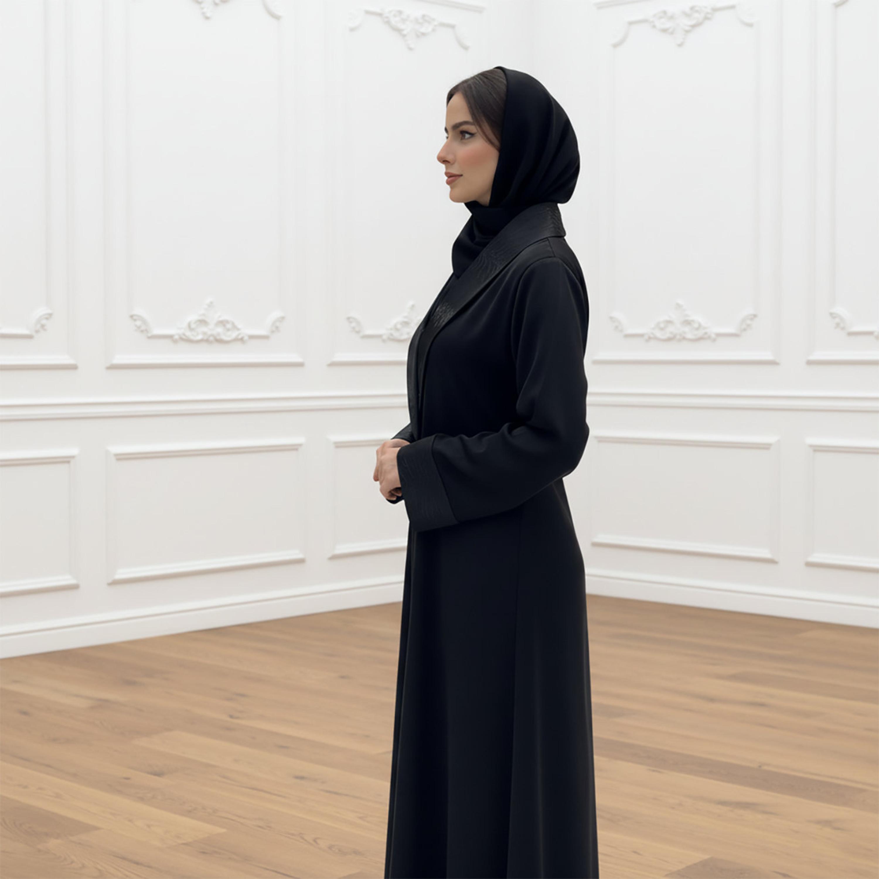 Nukhbaa Black Jacquard Detailed Lapel Collar Nida Women's Blazer Style Abaya with Hijab-women-arabicclothing-abayas-image-4