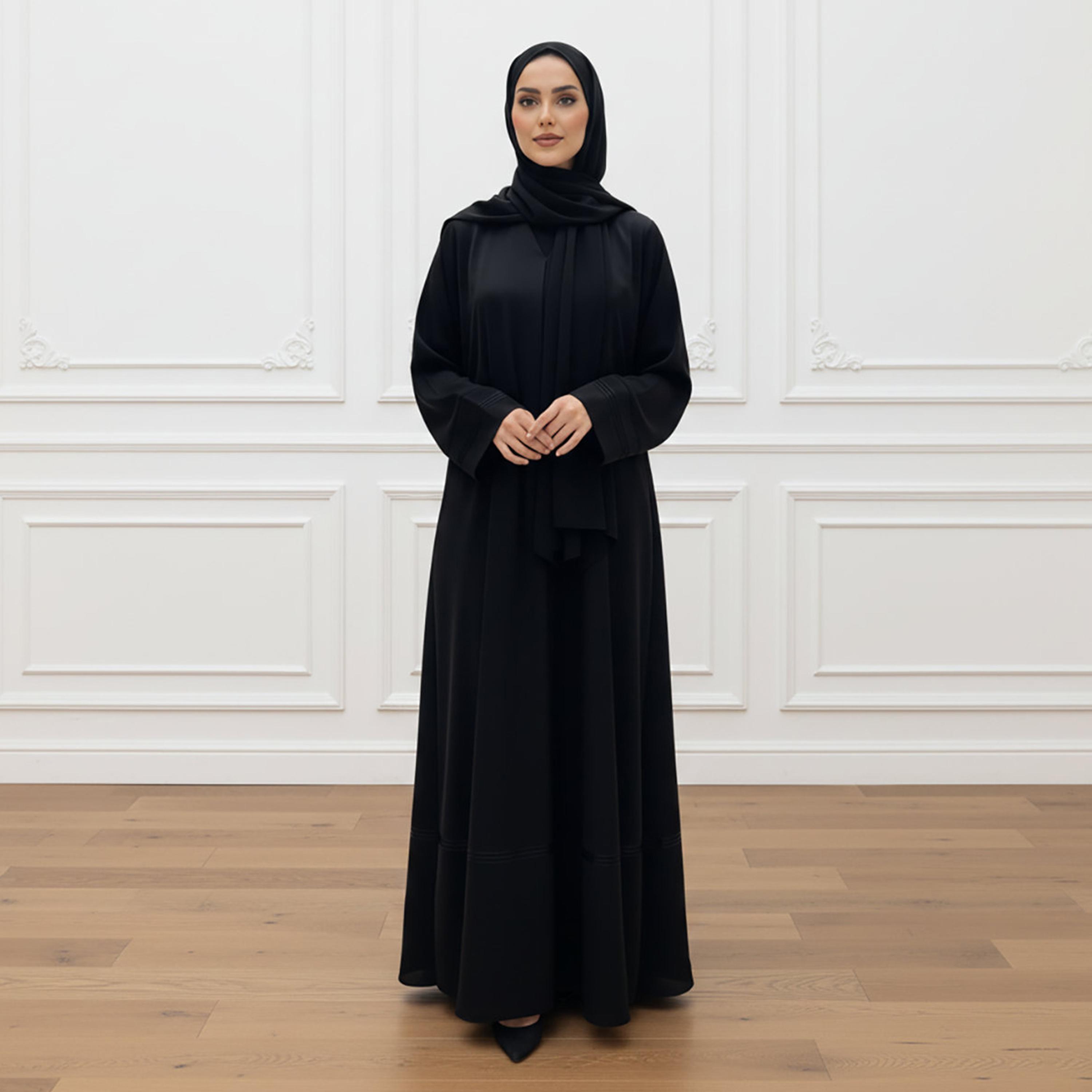 Nukhbaa Black Pleated Cuff Sleeves Nida Women's Abaya with Hijab-women-arabicclothing-abayas-image-1