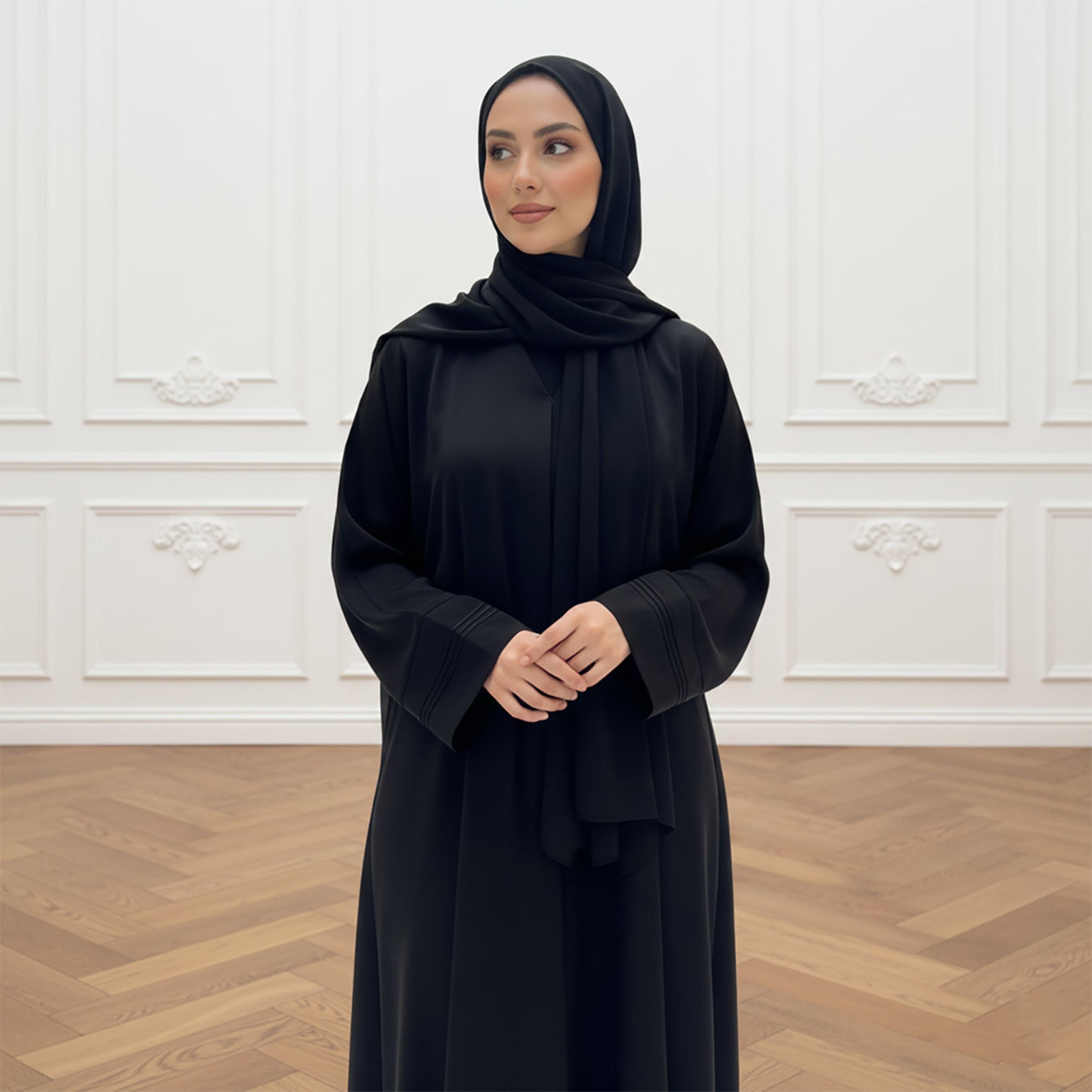 Nukhbaa Black Pleated Cuff Sleeves Nida Women's Abaya with Hijab-women-arabicclothing-abayas-image-2