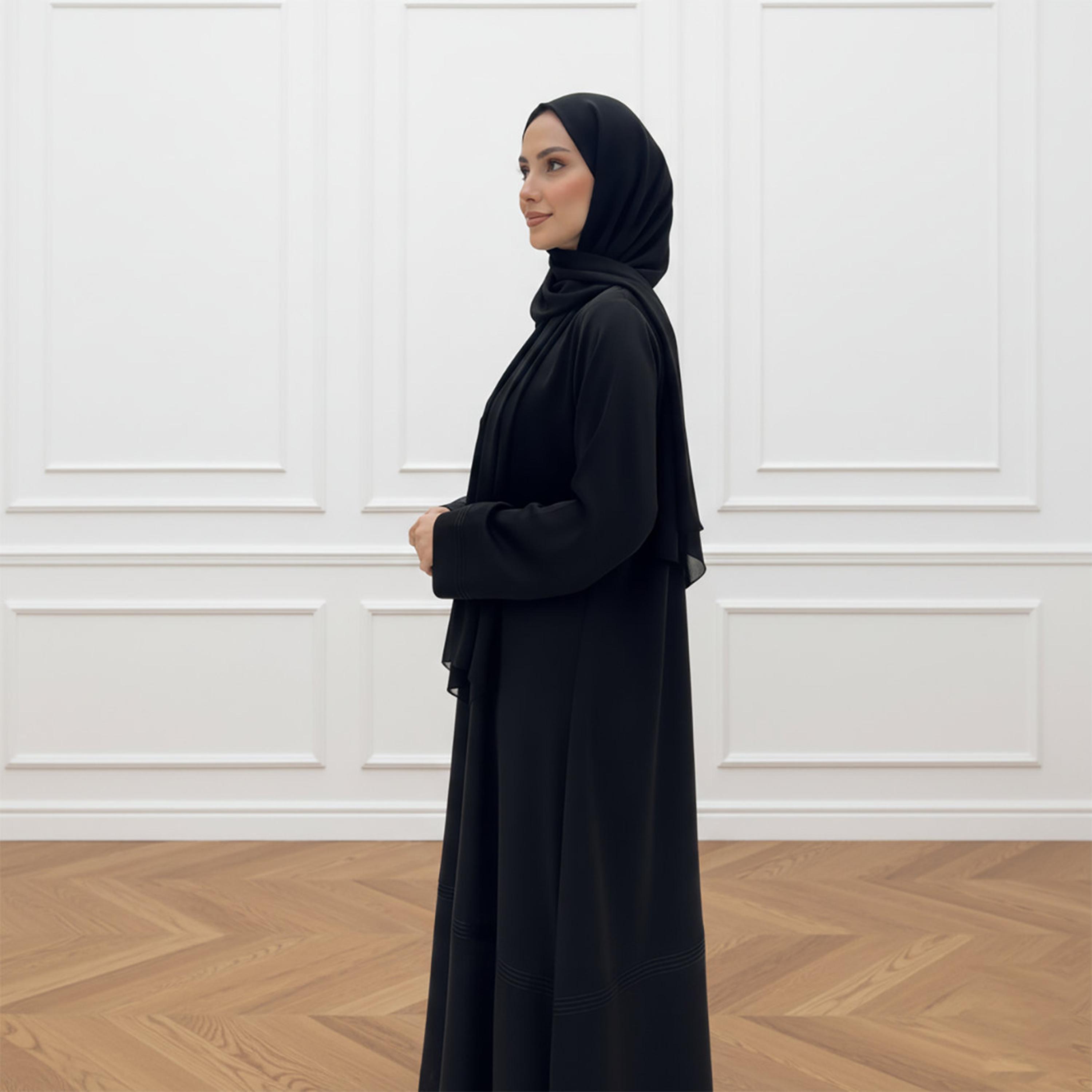 Nukhbaa Black Pleated Cuff Sleeves Nida Women's Abaya with Hijab-women-arabicclothing-abayas-image-3
