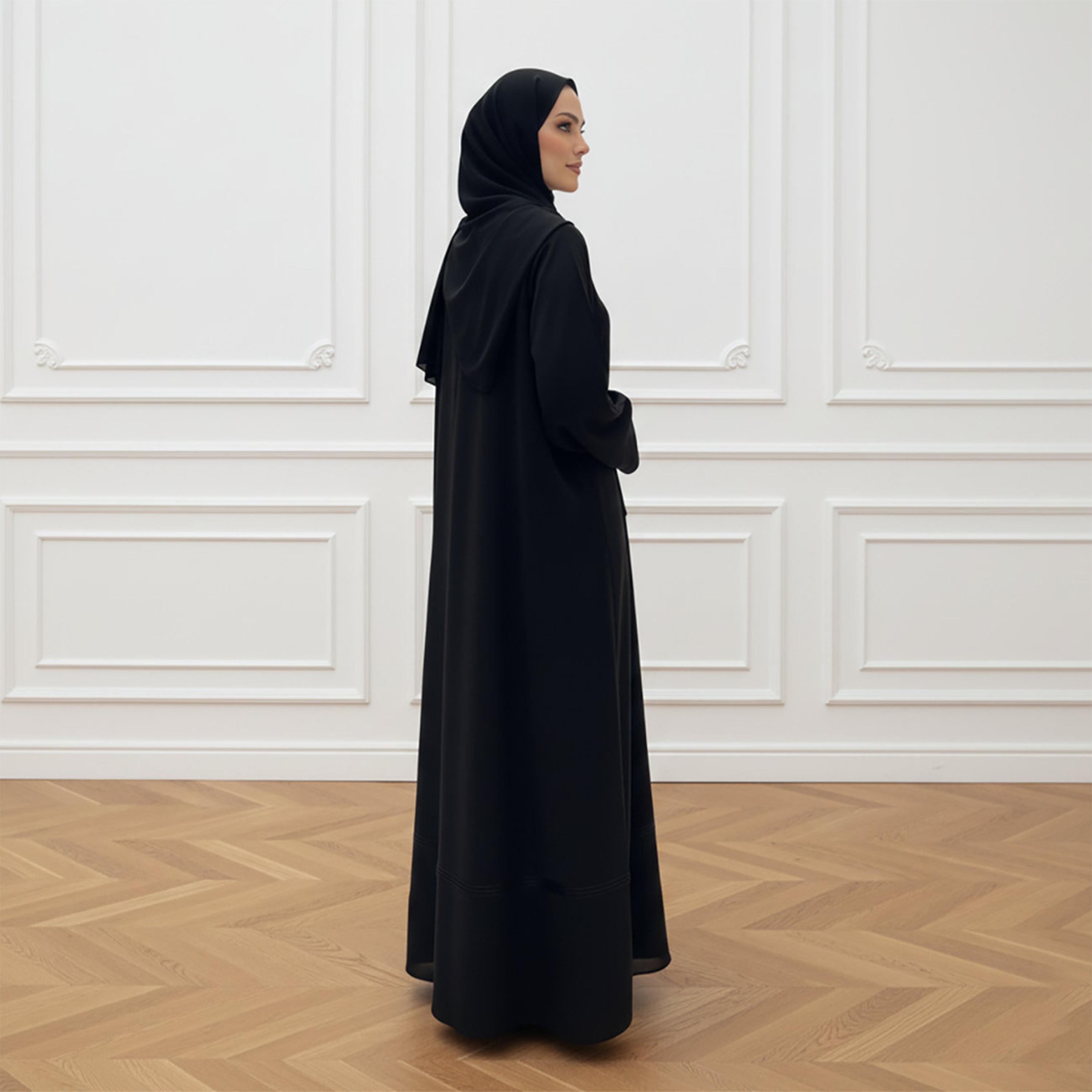 Nukhbaa Black Pleated Cuff Sleeves Nida Women's Abaya with Hijab-women-arabicclothing-abayas-image-4