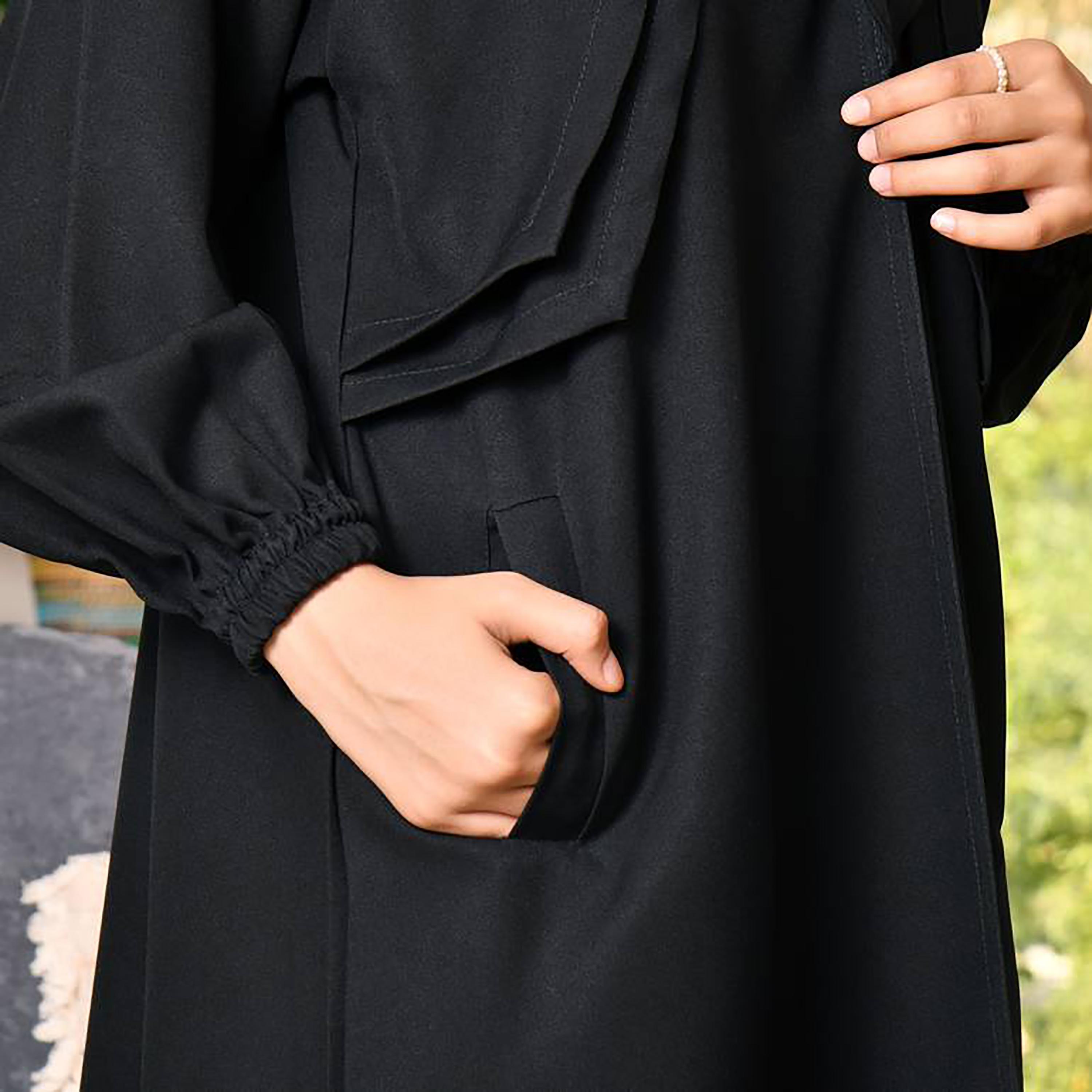 Hawraa Crepe Notched Lapel Wrap Abaya with Hijab-girls-arabicclothing-abayas-image-3