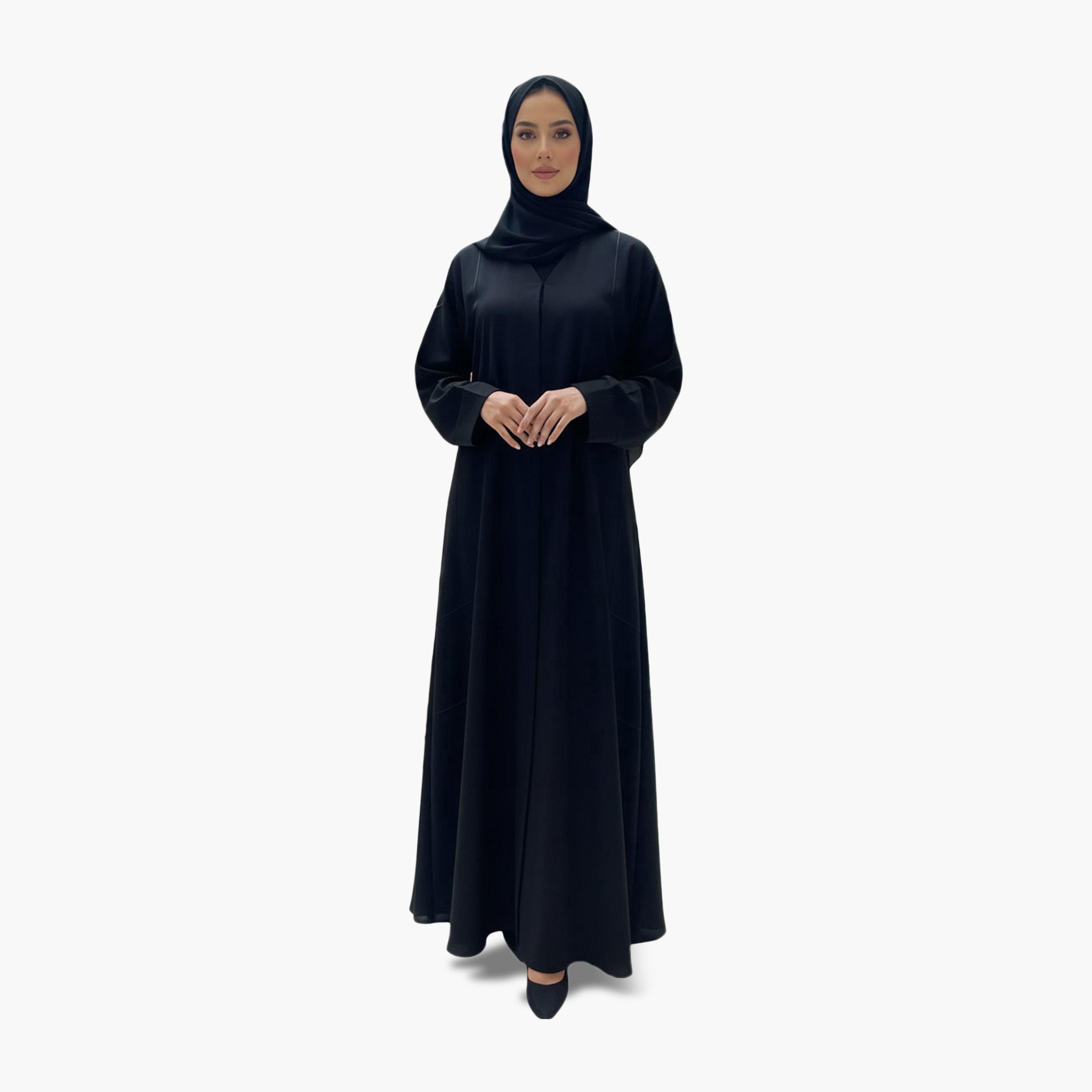 Nukhbaa Wide Sleeves Piping Detailed Abaya with Hijab-women-arabicclothing-abayas-image-1