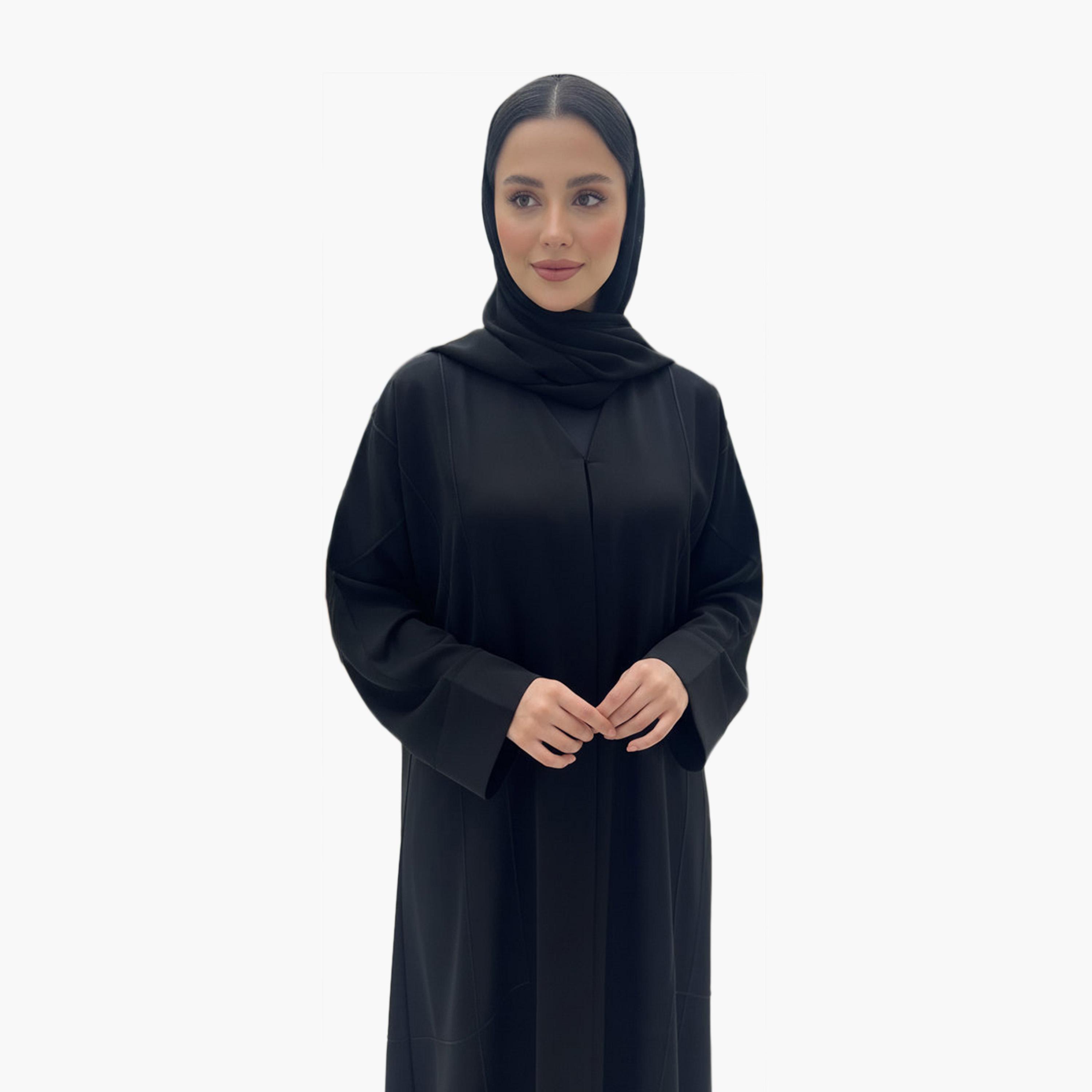 Nukhbaa Wide Sleeves Piping Detailed Abaya with Hijab-women-arabicclothing-abayas-image-2