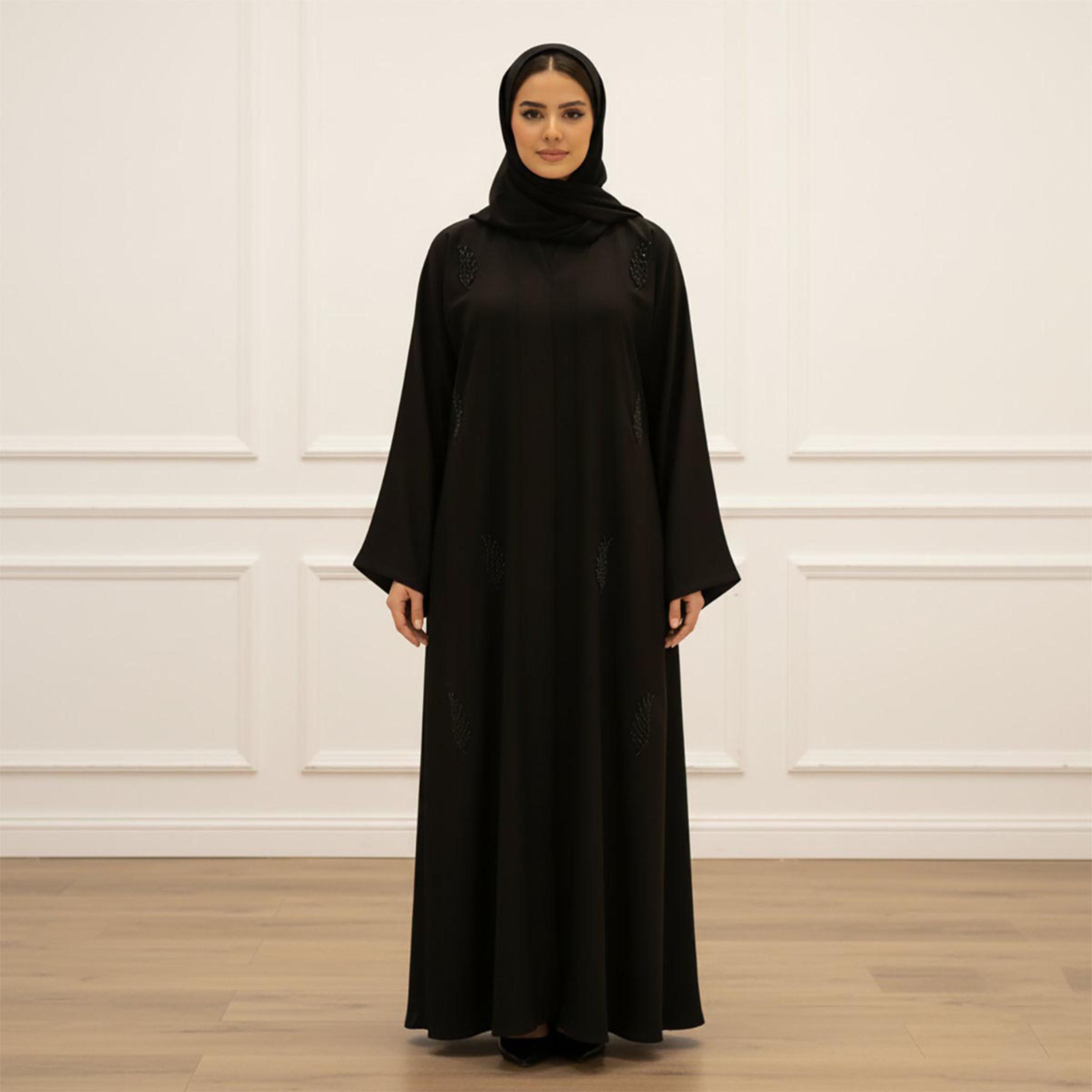 Nukhbaa Black Beaded Flared Sleeves Women's Flowy Abaya with Hijab-women-arabicclothing-abayas-image-1