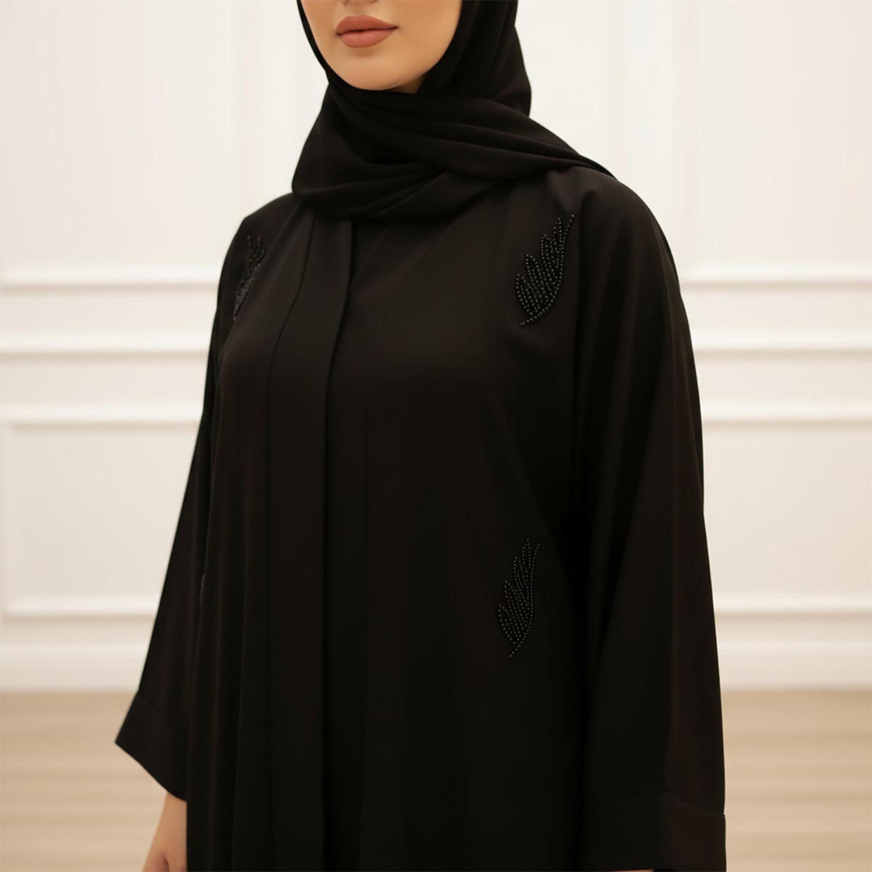Nukhbaa Black Beaded Flared Sleeves Women's Flowy Abaya with Hijab-women-arabicclothing-abayas-image-2