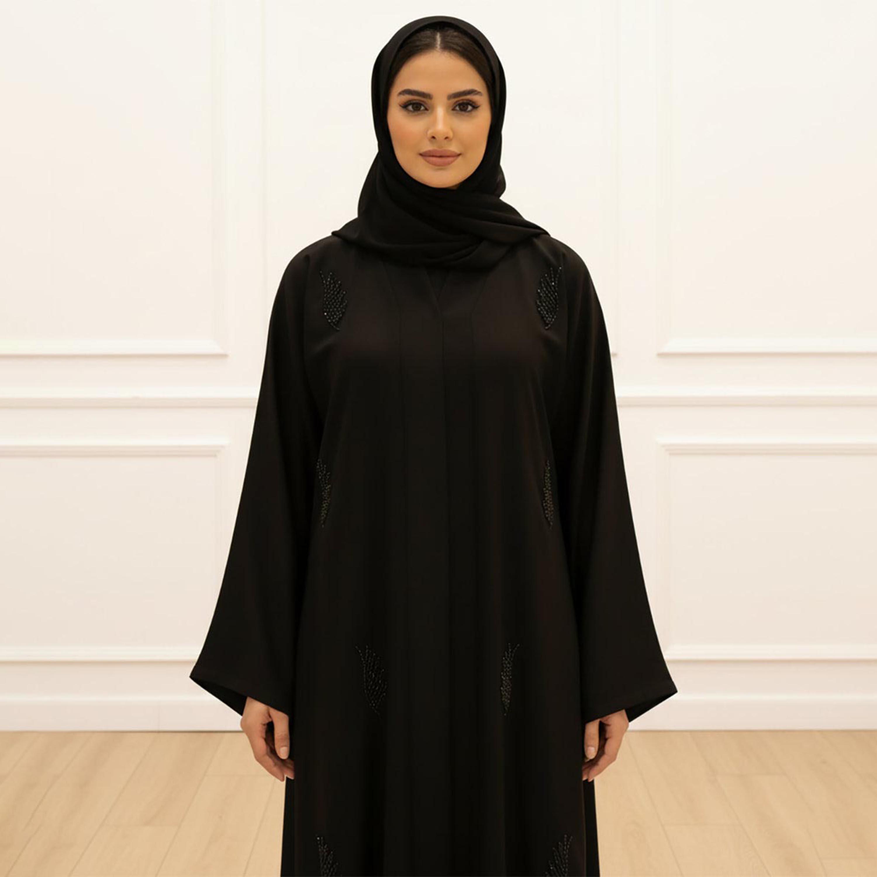Nukhbaa Black Beaded Flared Sleeves Women's Flowy Abaya with Hijab-women-arabicclothing-abayas-image-3