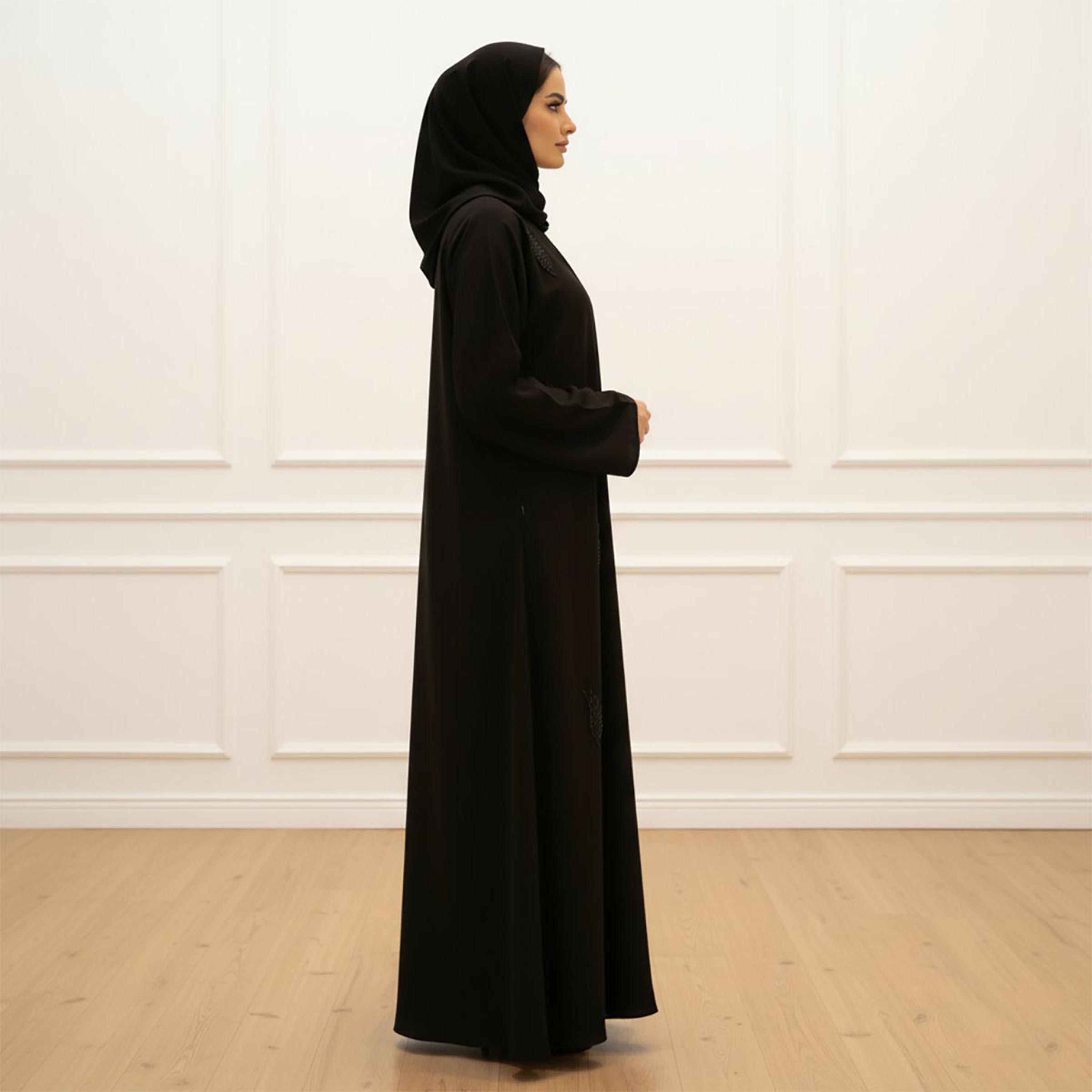 Nukhbaa Black Beaded Flared Sleeves Women's Flowy Abaya with Hijab-women-arabicclothing-abayas-image-4