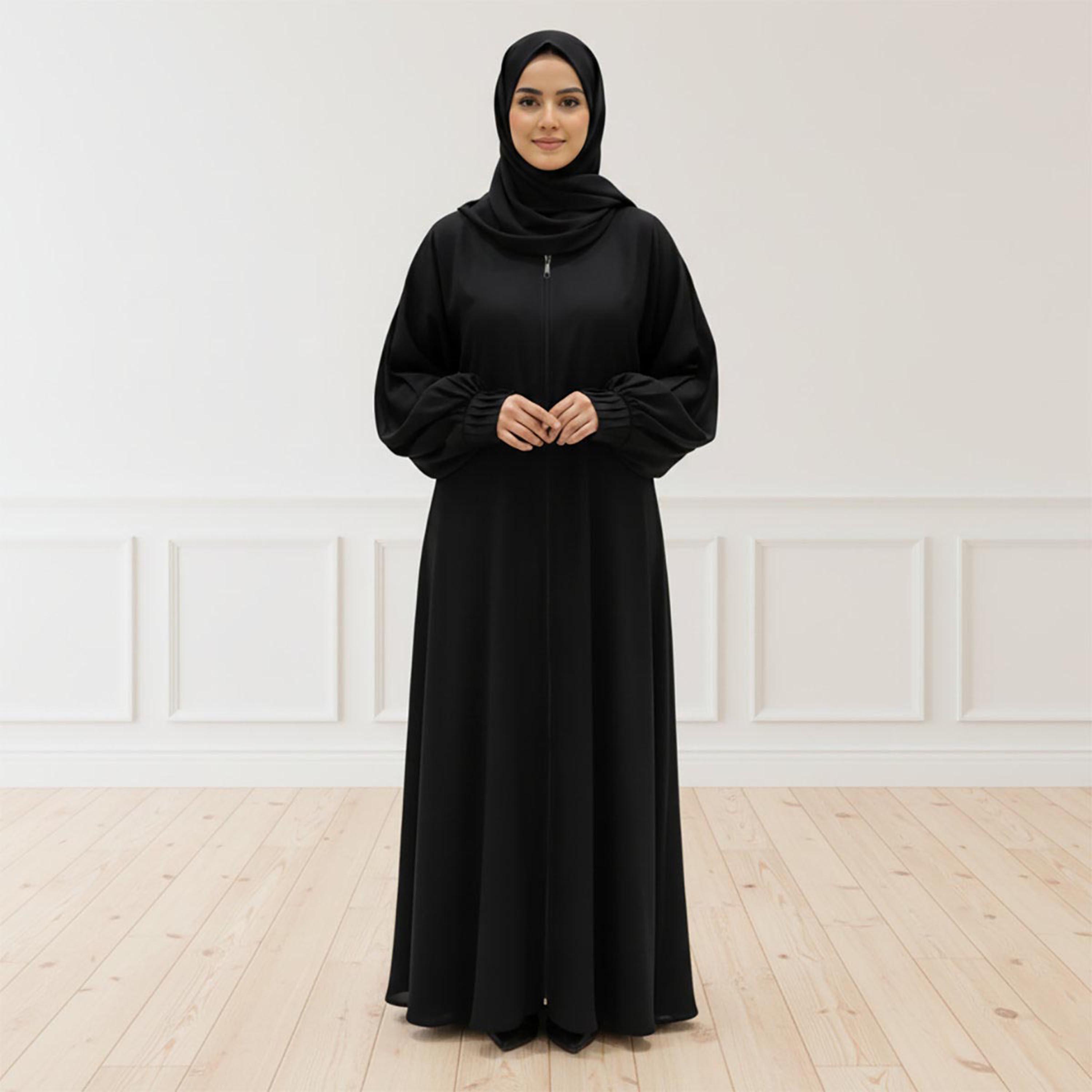 Nukhbaa Black Balloon Sleeves Women's Abaya with Hijab-women-arabicclothing-prayerclothing-image-1