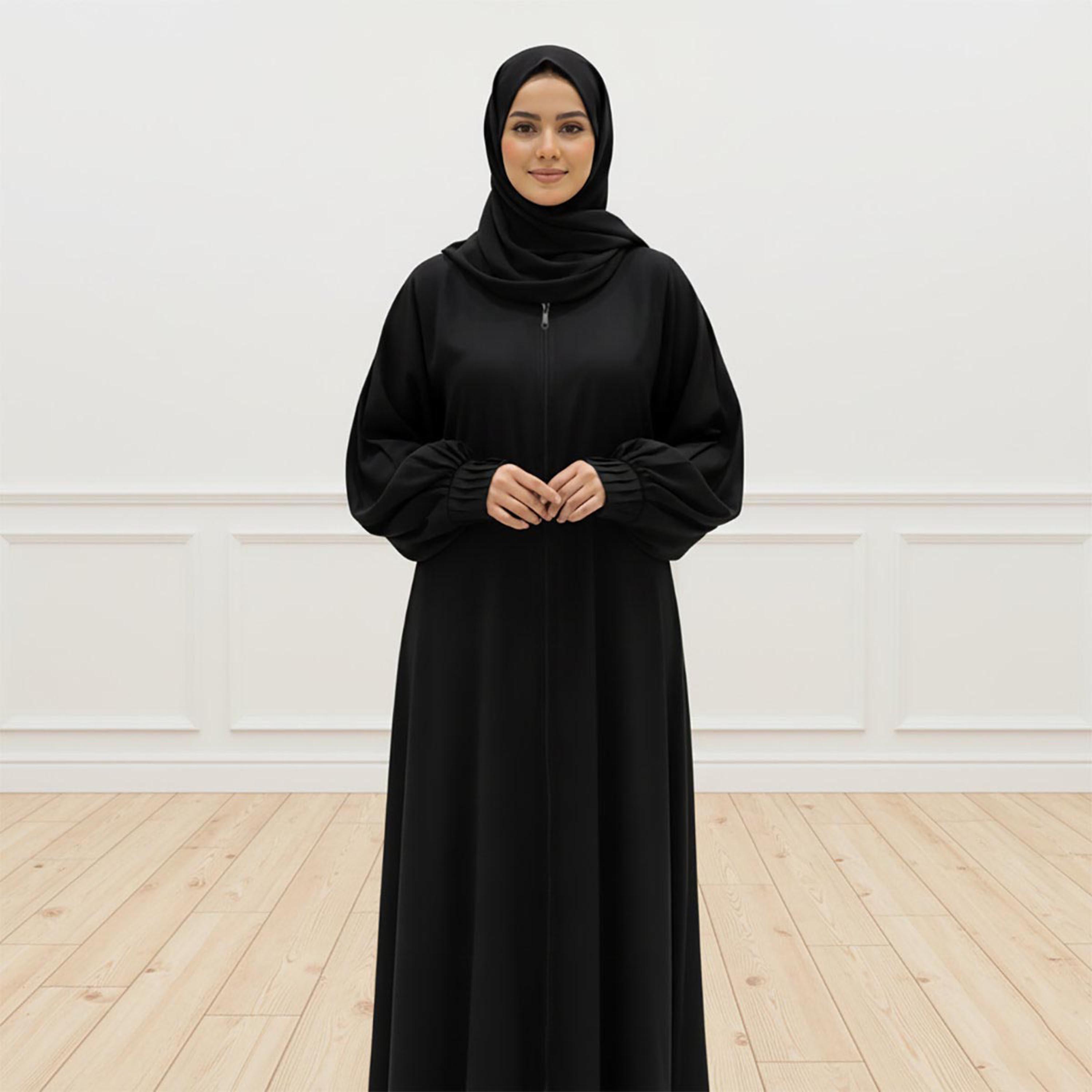 Nukhbaa Black Balloon Sleeves Women's Abaya with Hijab-women-arabicclothing-prayerclothing-image-3