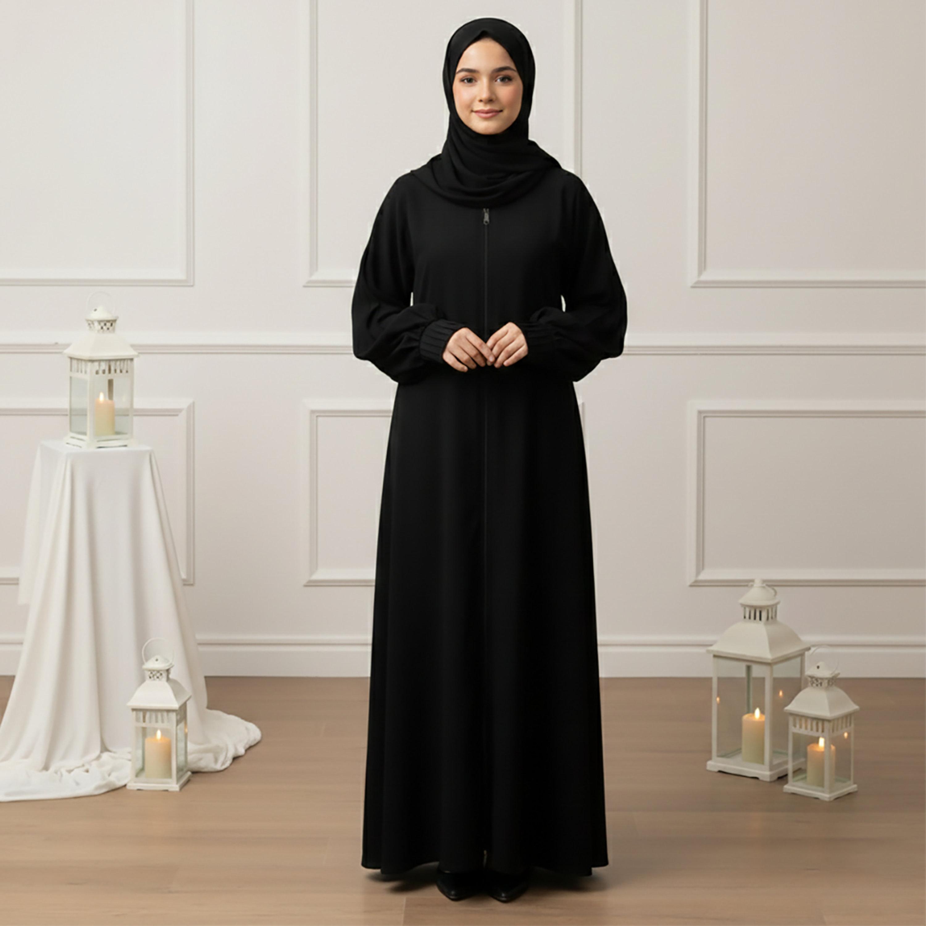 Nukhbaa Black Balloon Sleeves Nida Girls Abaya with Hijab-girls-arabicclothing-abayas-image-1