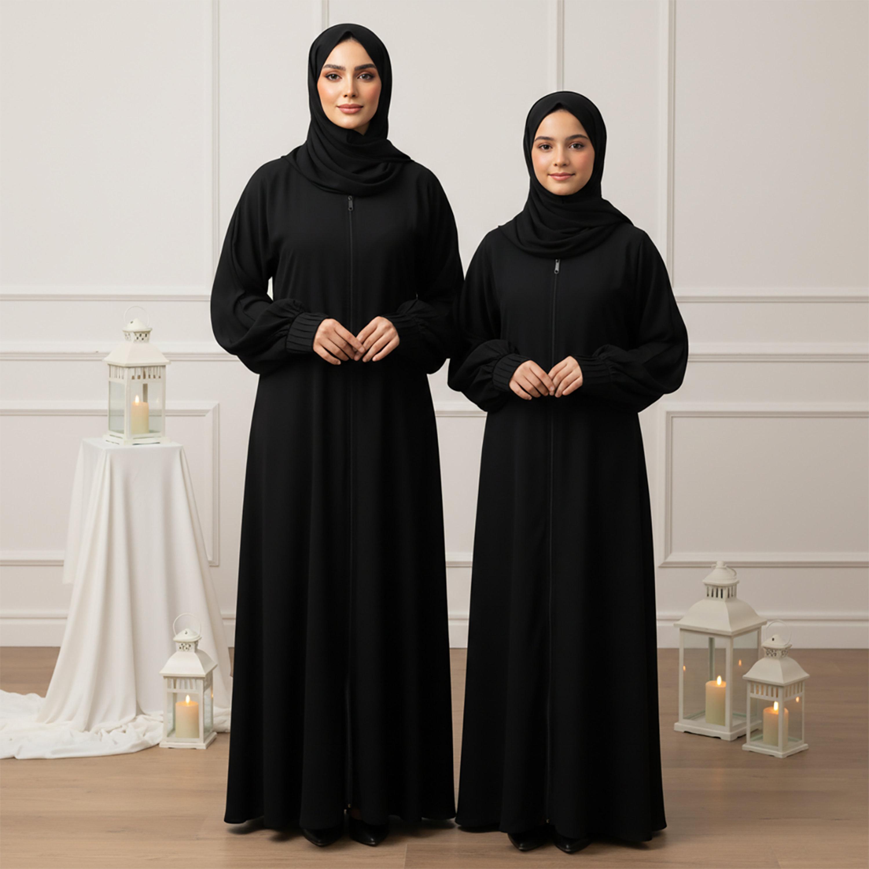 Nukhbaa Black Balloon Sleeves Nida Girls Abaya with Hijab-girls-arabicclothing-abayas-image-2