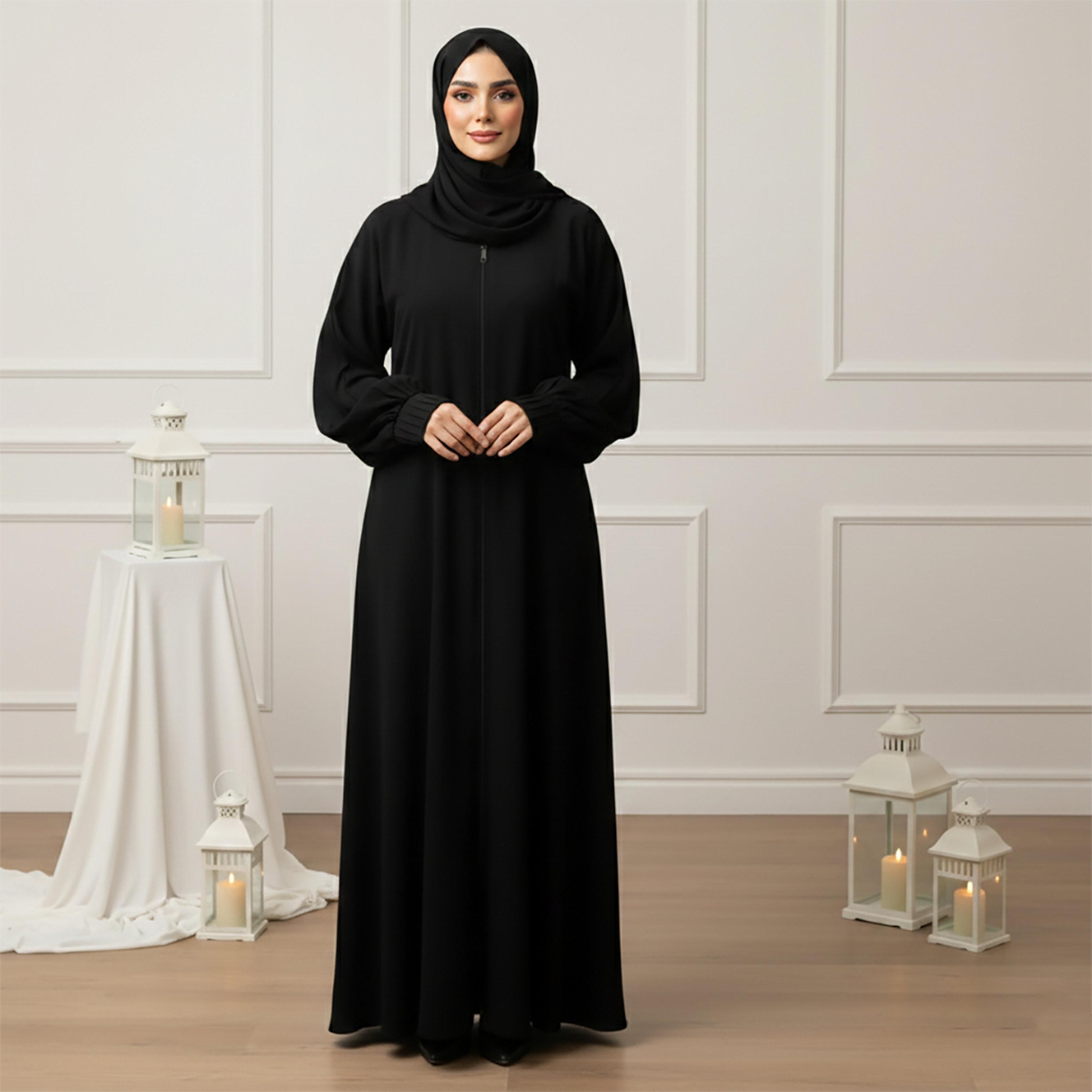 Nukhbaa Black Balloon Sleeves Nida Women's Abaya with Hijab-women-arabicclothing-abayas-image-1