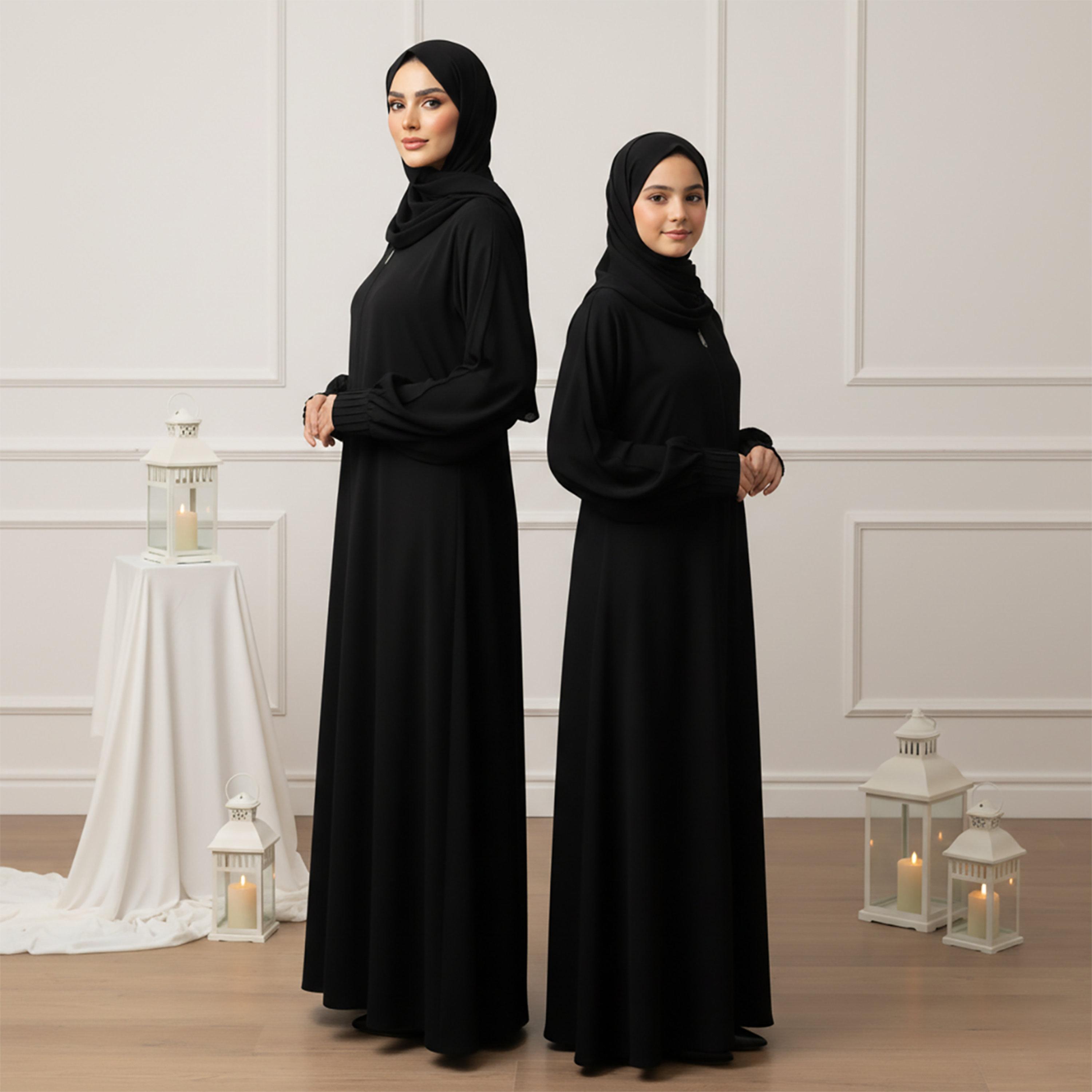 Nukhbaa Black Balloon Sleeves Nida Women's Abaya with Hijab-women-arabicclothing-abayas-image-3