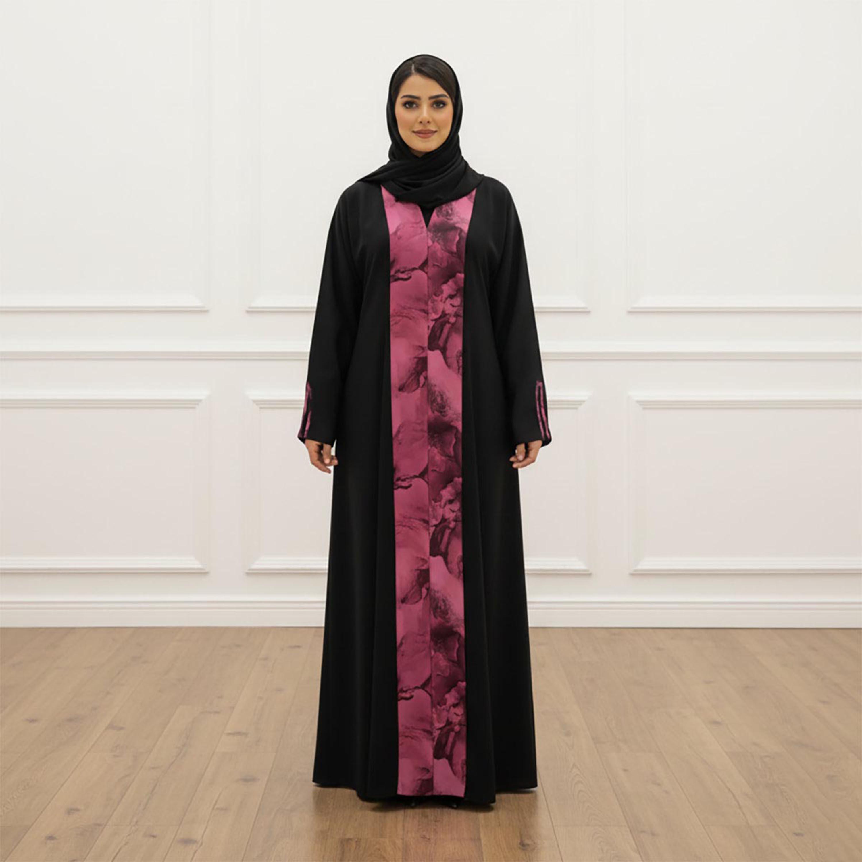 Nukhbaa Black Abstract Print Panelled Slit Sleeves Women's Abaya with Hijab-women-arabicclothing-abayas-image-1