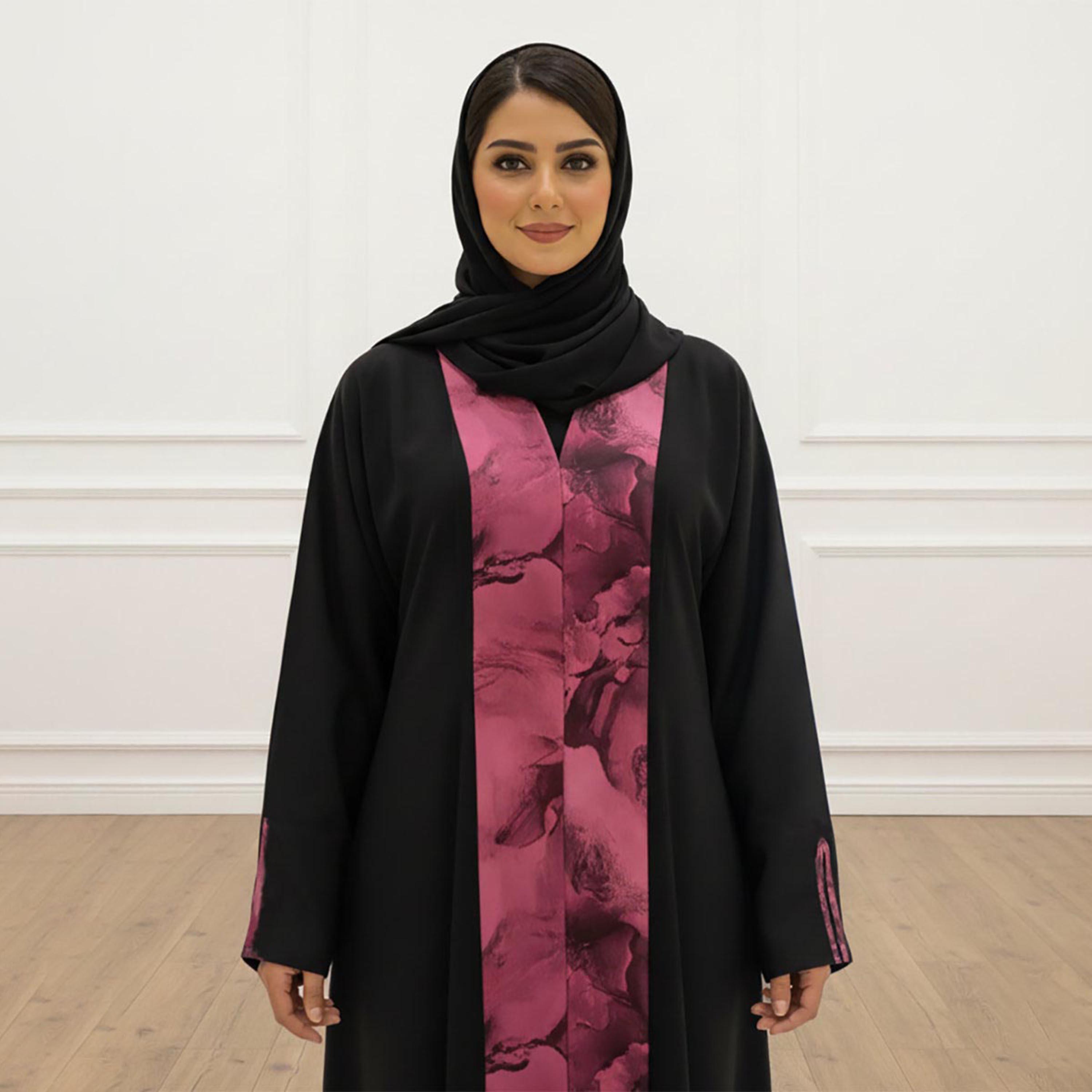 Nukhbaa Black Abstract Print Panelled Slit Sleeves Women's Abaya with Hijab-women-arabicclothing-abayas-image-2
