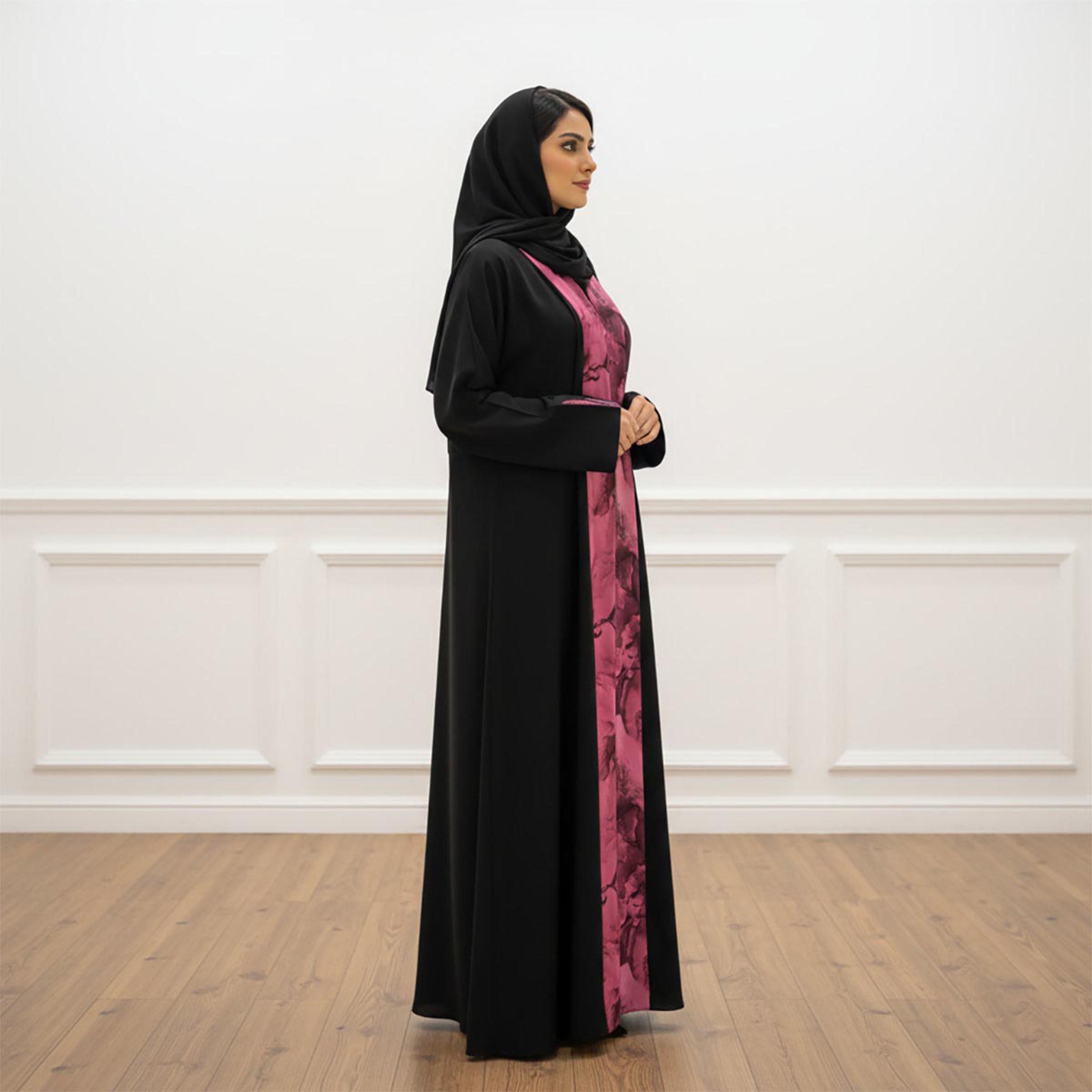 Nukhbaa Black Abstract Print Panelled Slit Sleeves Women's Abaya with Hijab-women-arabicclothing-abayas-image-3