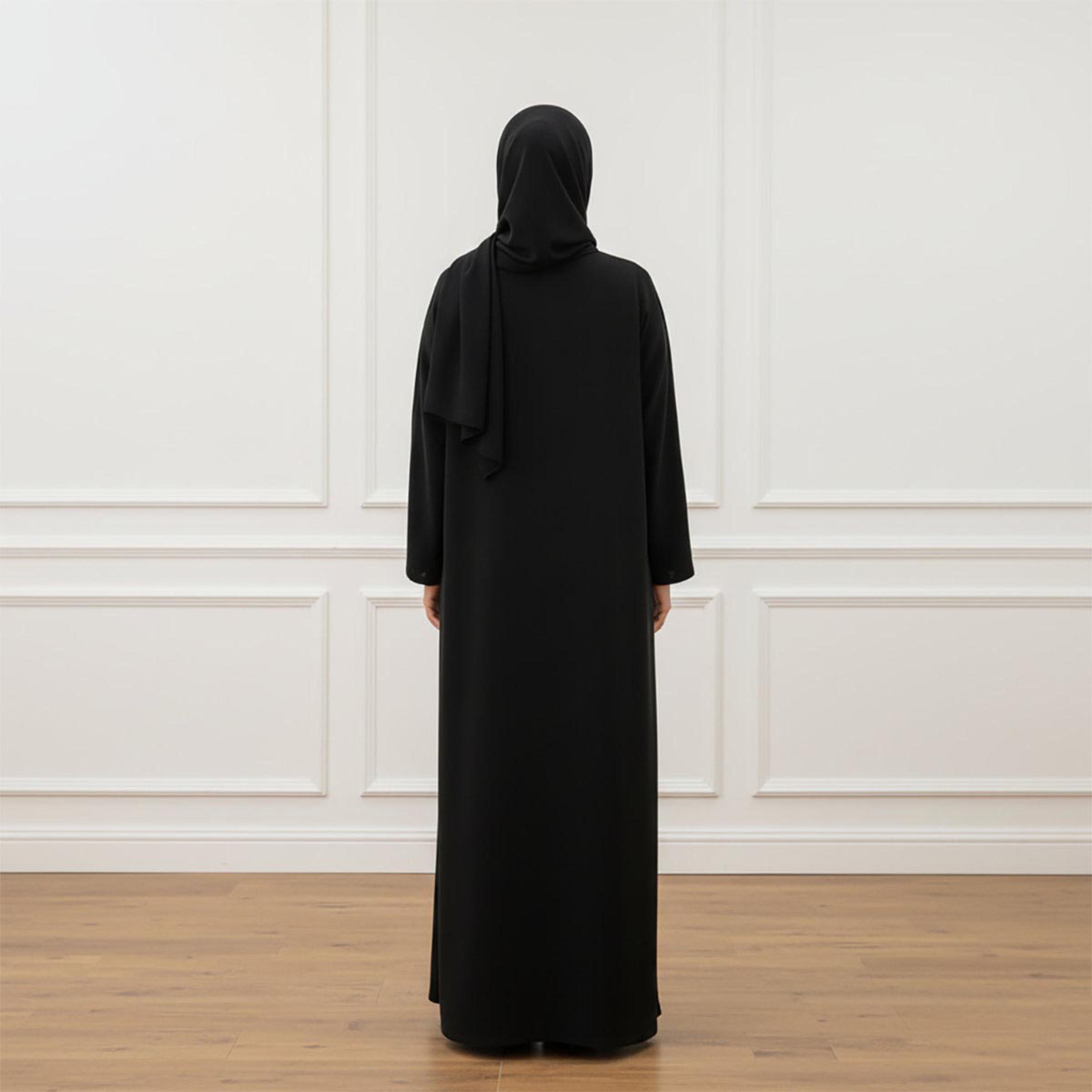 Nukhbaa Black Abstract Print Panelled Slit Sleeves Women's Abaya with Hijab-women-arabicclothing-abayas-image-4