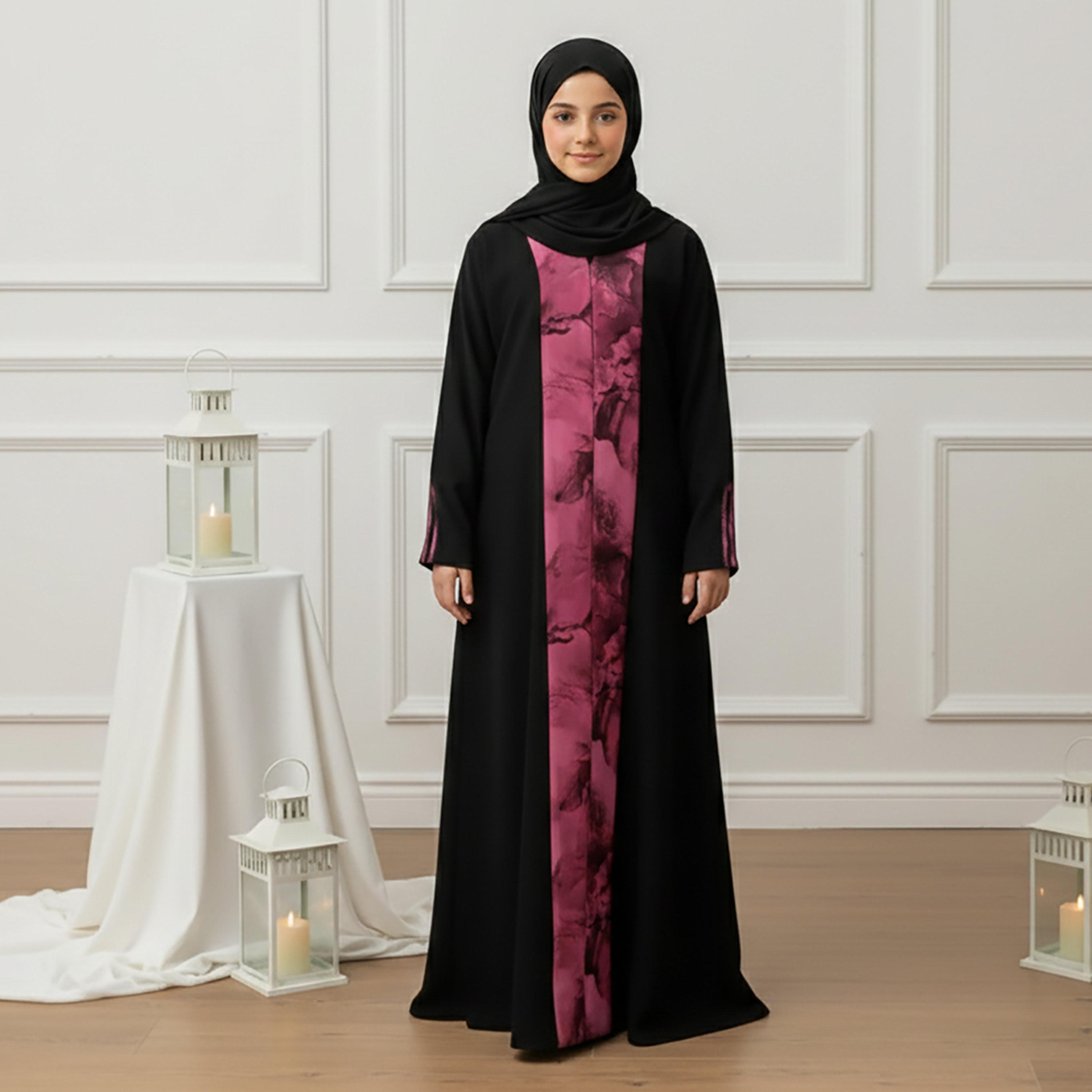 Nukhbaa Black Dual Tone Panel Nida Girls Abaya with Hijab-girls-arabicclothing-abayas-image-1