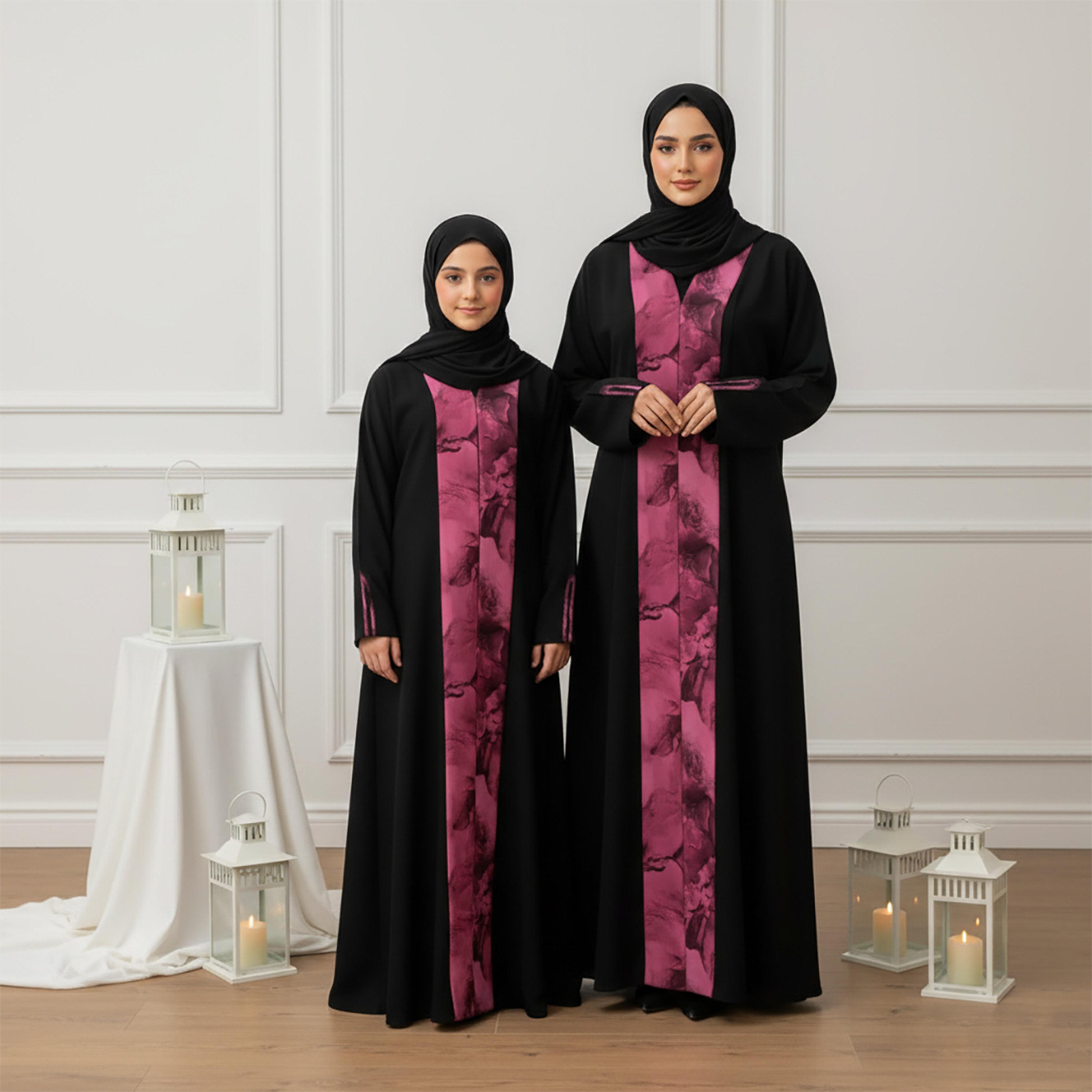 Nukhbaa Black Dual Tone Panel Nida Girls Abaya with Hijab-girls-arabicclothing-abayas-image-2