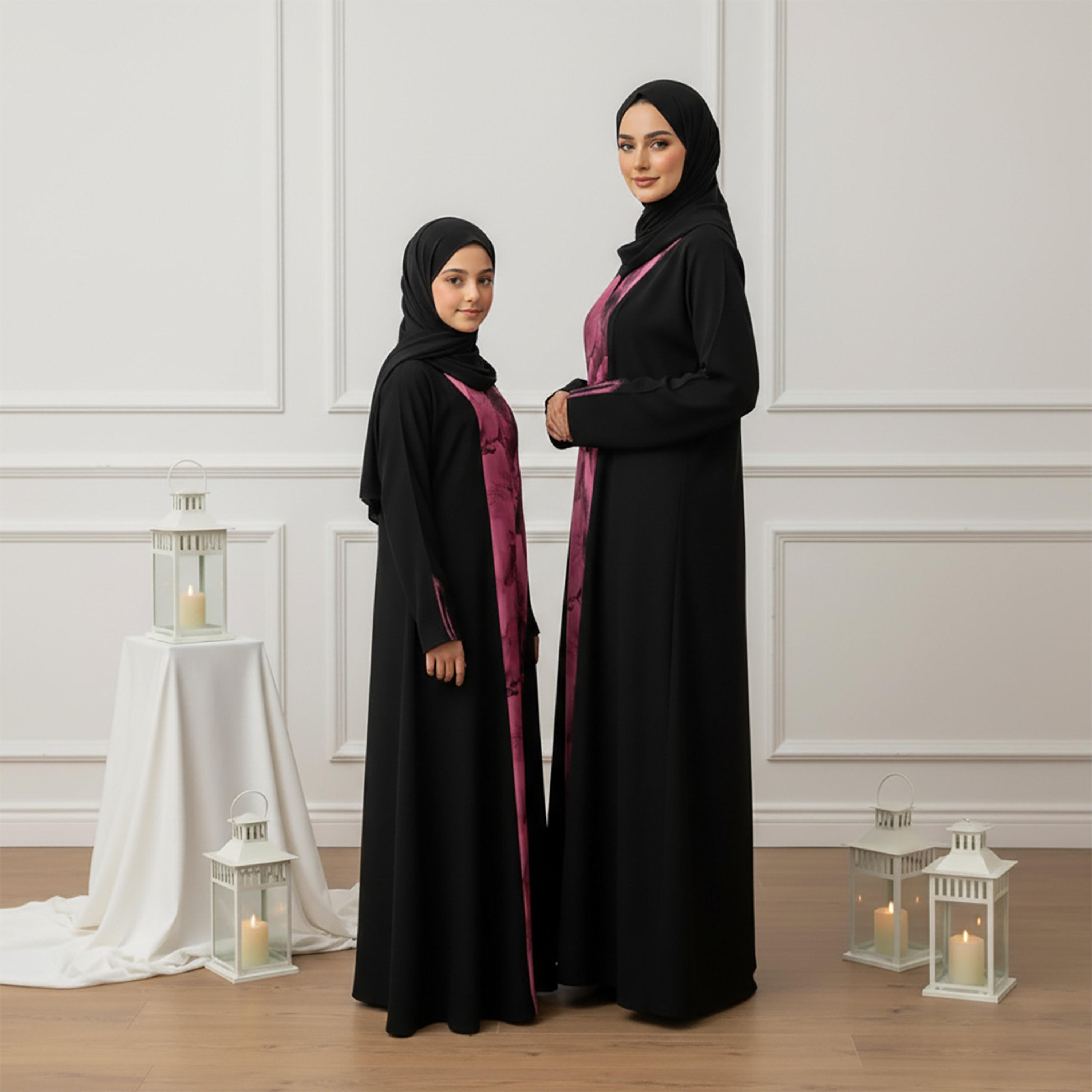 Nukhbaa Black Dual Tone Panel Nida Girls Abaya with Hijab-girls-arabicclothing-abayas-image-3
