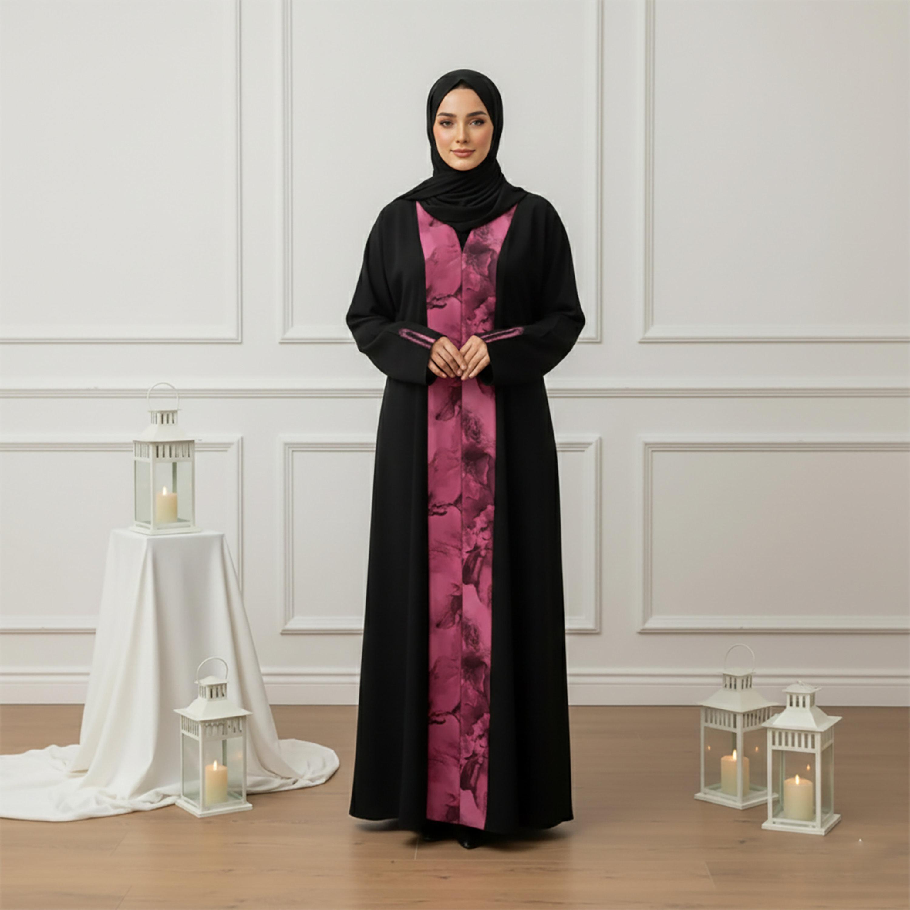 Nukhbaa Black Dual Tone Nida Women's Abaya with Hijab-women-arabicclothing-abayas-image-1