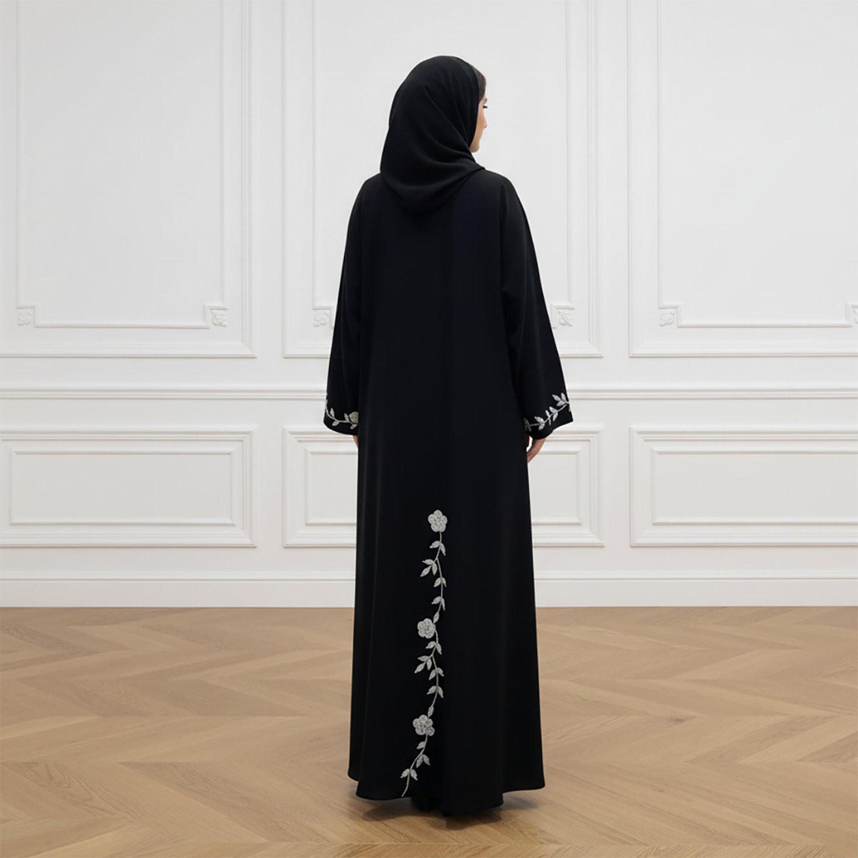 عباية نسائية سوداء مطرزة بأزهار وأكمام واسعة مع حجاب من نخبة-women-arabicclothing-abayas-image-4
