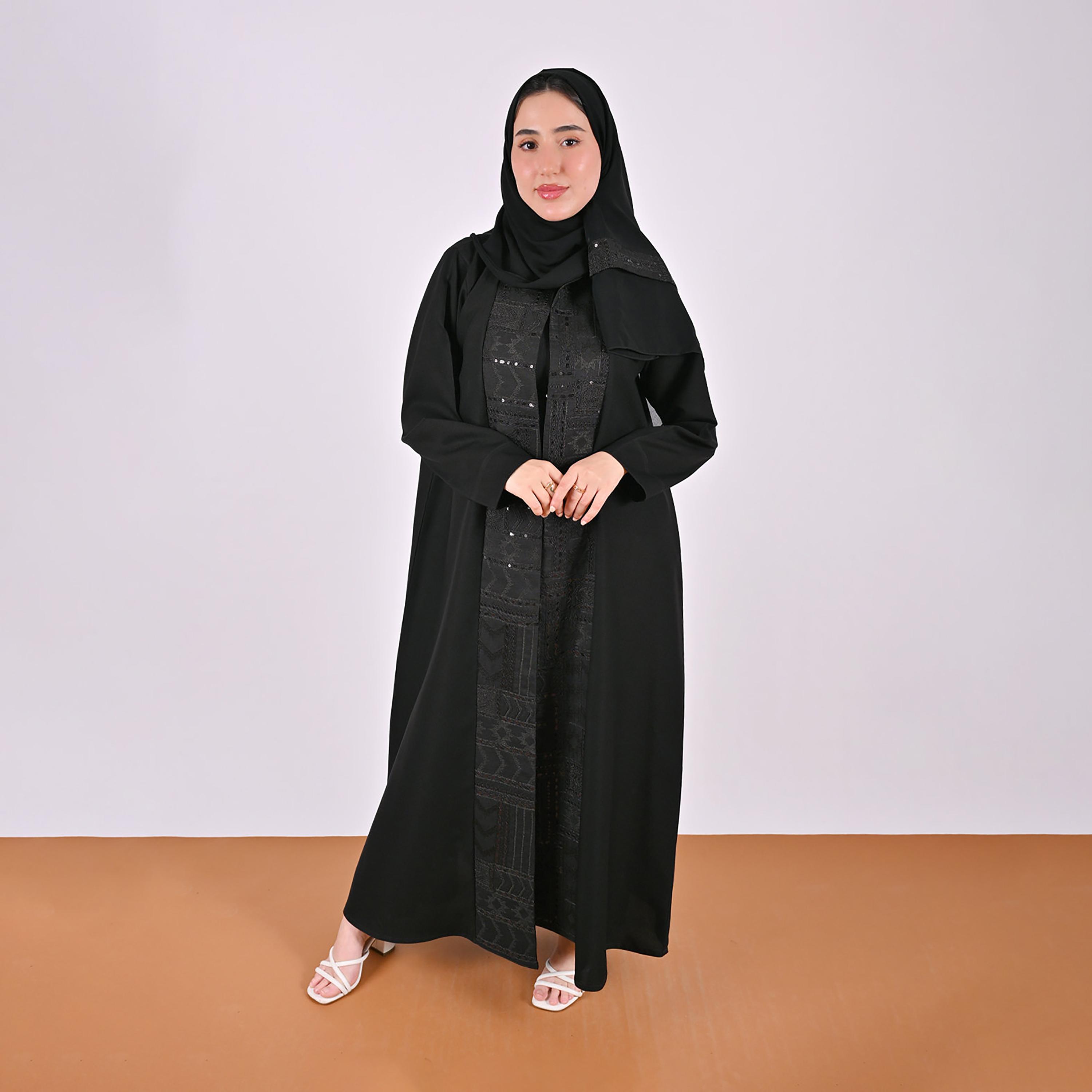 Hawraa Black Embroidered Sequined Mandarin Collar Linen Women's Abaya with Hijab-women-arabicclothing-abayas-image-1