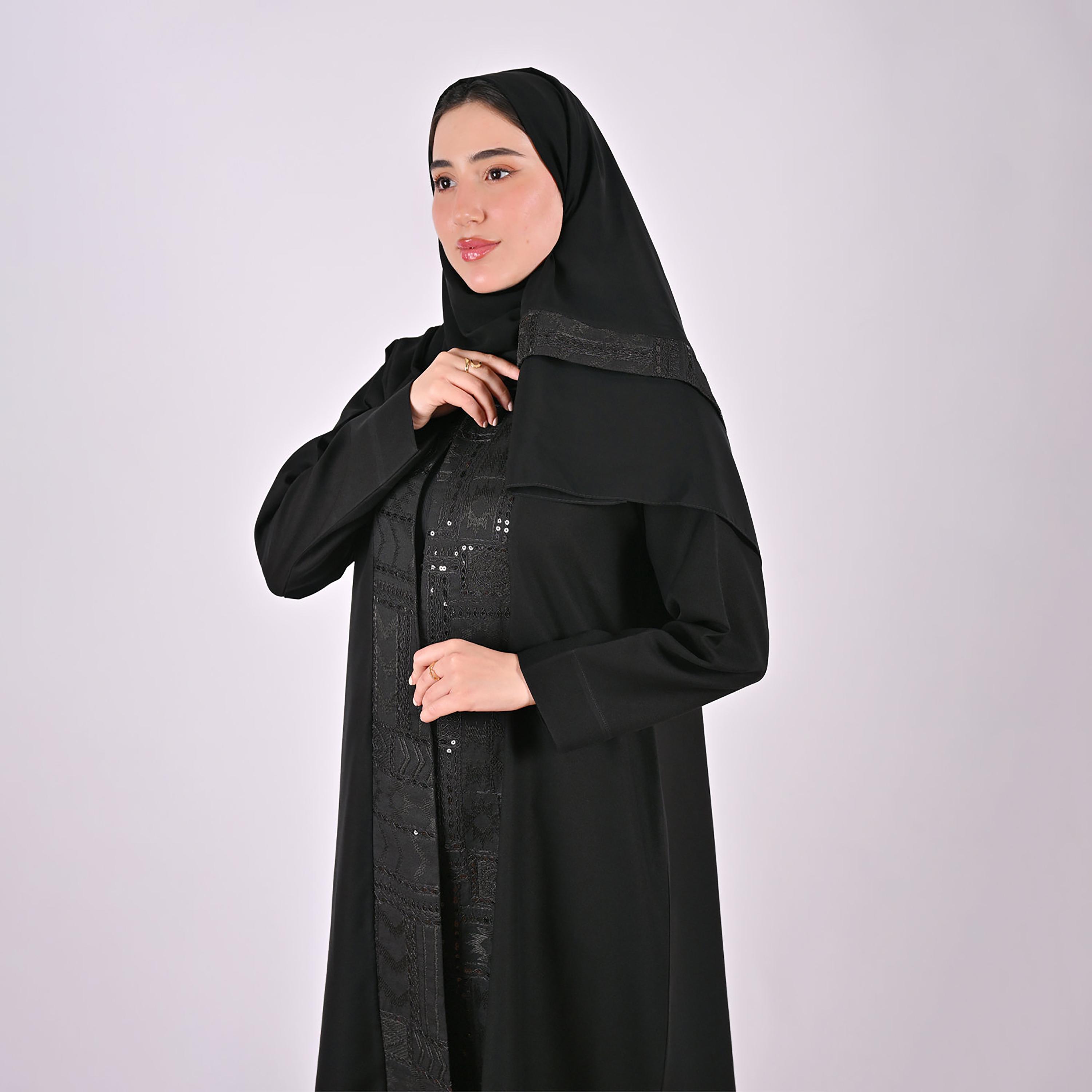 Hawraa Black Embroidered Sequined Mandarin Collar Linen Women's Abaya with Hijab-women-arabicclothing-abayas-image-2