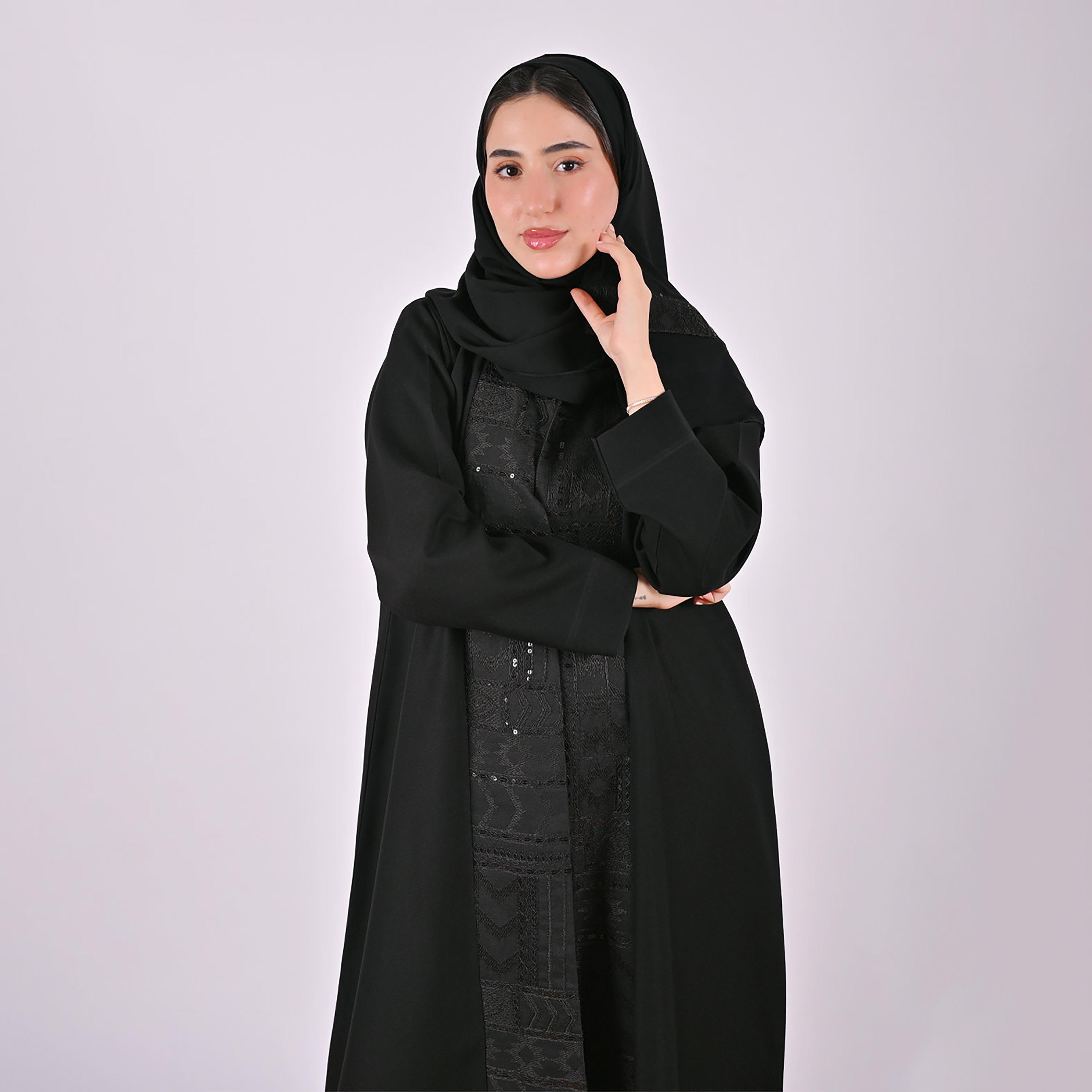 Hawraa Black Embroidered Sequined Mandarin Collar Linen Women's Abaya with Hijab-women-arabicclothing-abayas-image-3