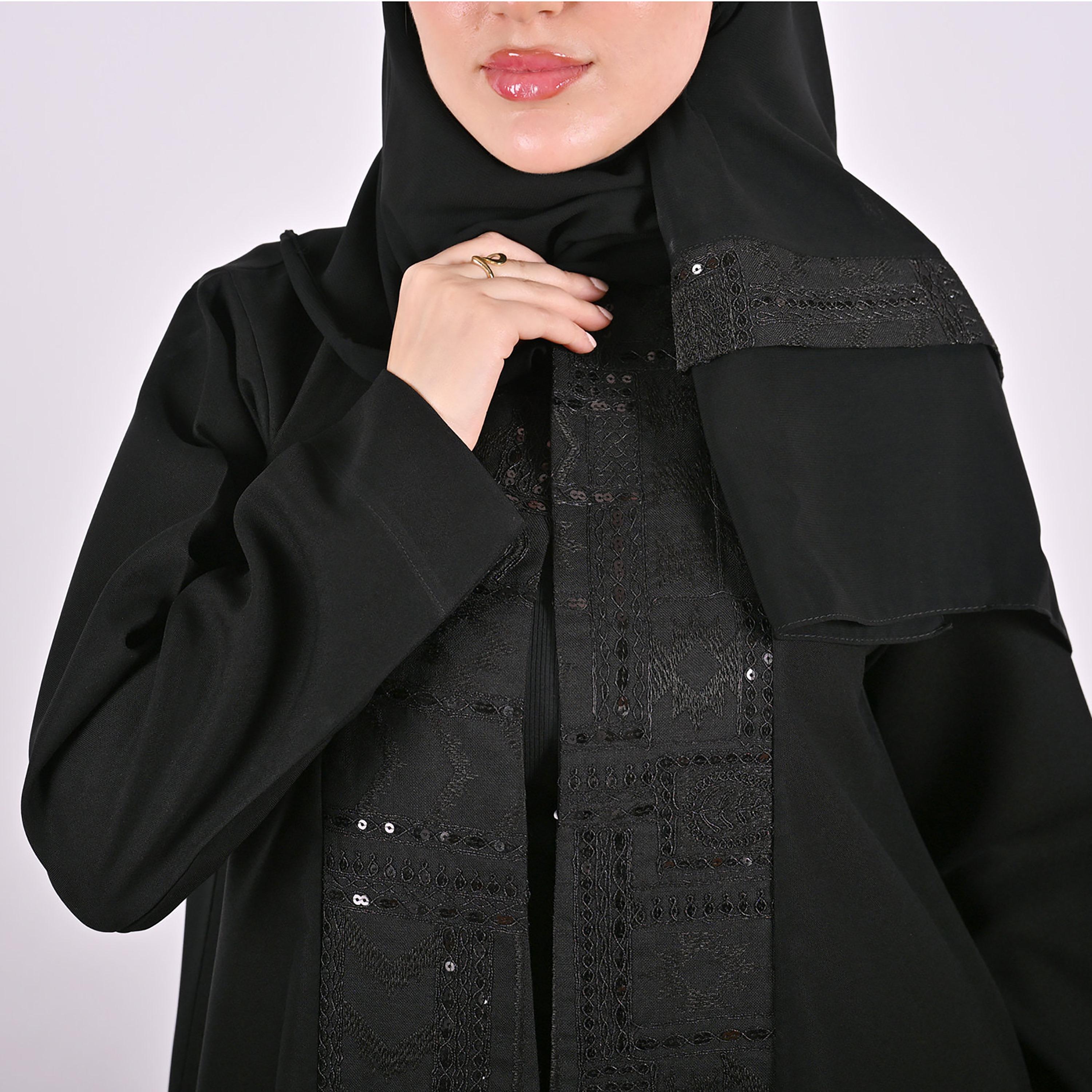 Hawraa Black Embroidered Sequined Mandarin Collar Linen Women's Abaya with Hijab-women-arabicclothing-abayas-image-4