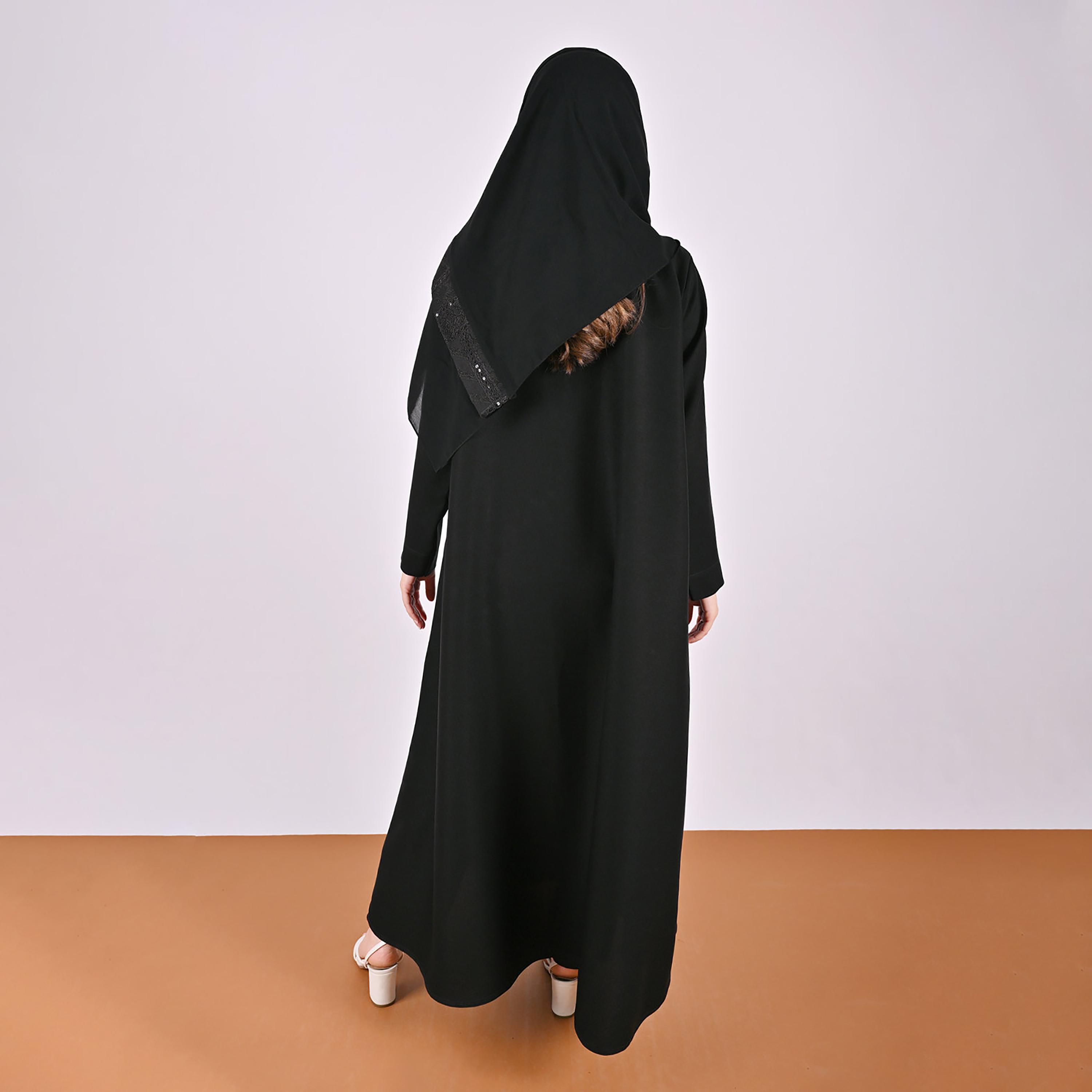 Hawraa Black Embroidered Sequined Mandarin Collar Linen Women's Abaya with Hijab-women-arabicclothing-abayas-image-5
