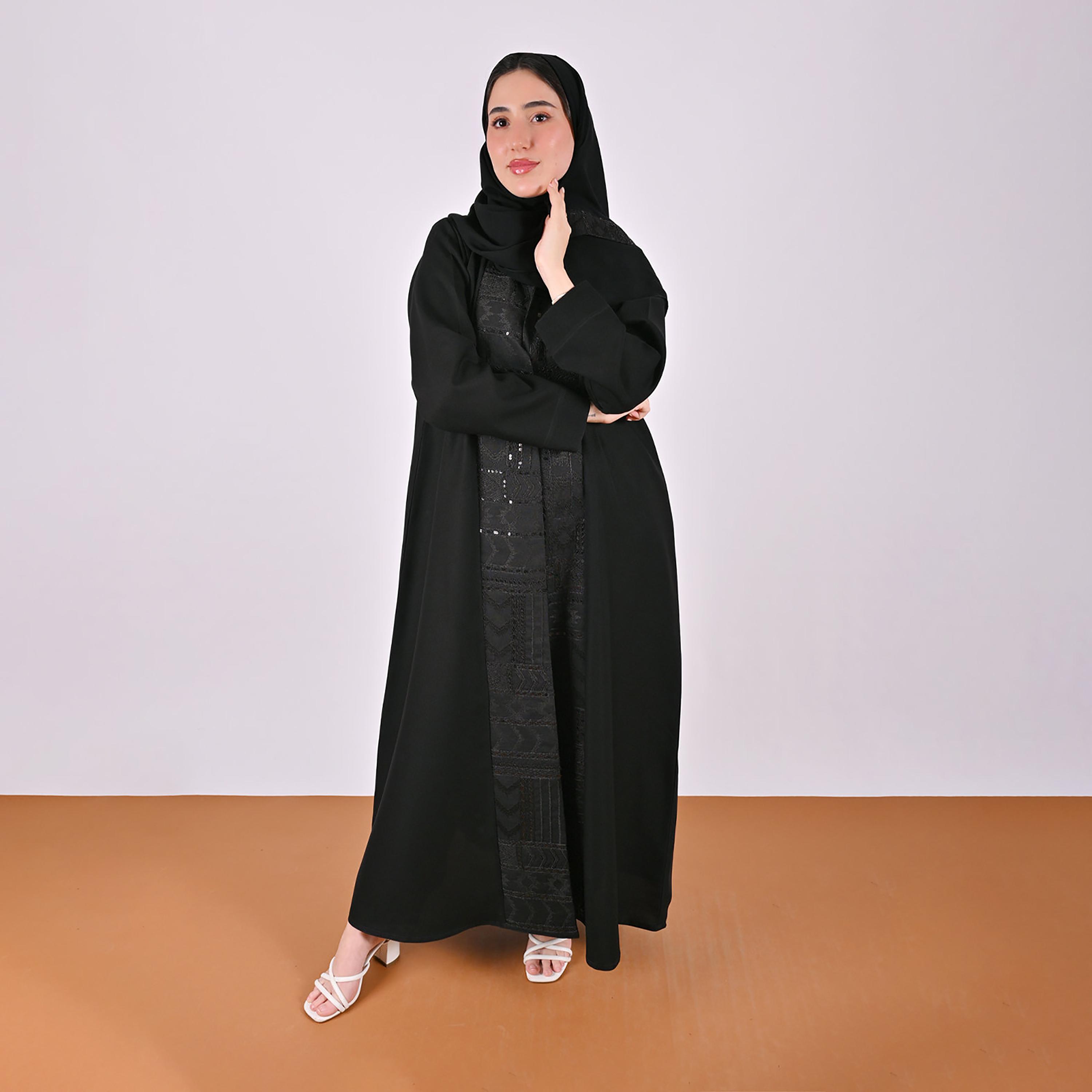Hawraa Black Embroidered Sequined Mandarin Collar Linen Women's Abaya with Hijab-women-arabicclothing-abayas-image-6