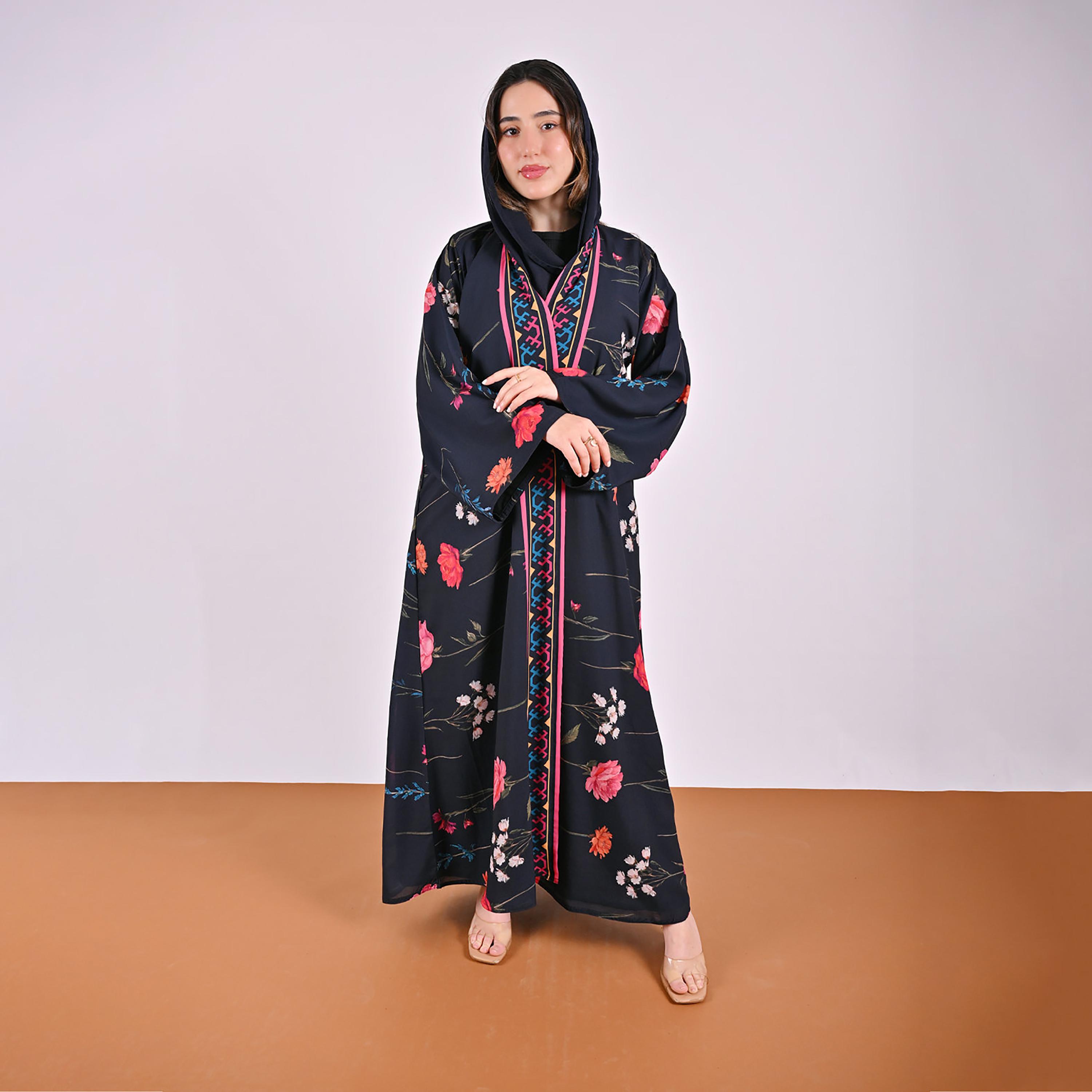 عباءة كتان كحلي بأكمام واسعة وطبعة زهور مع حجاب للنساء من حوراء-women-arabicclothing-abayas-image-1